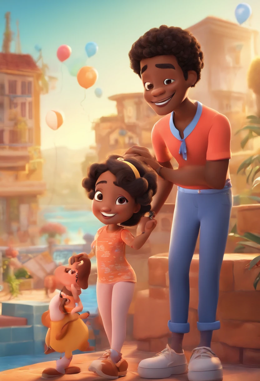 An illustration of an adorable couple, highlighting a black man and a black woman with beautiful expressive eyes - the man's skin is brown and the man's hair is low and black, while the woman's skin is black and the woman's hair is straight and brown. They are a bright room, cada um com um sorriso no rosto, e compartilhar um momento especial caracterizado pelo amor, Insights. Illustrate this scene from a perspective where they are facing the camera, Smiling and Showing Your Connection. Desenvolva esta arte em Full HD, Focus on your cinematic touch, Estilo Disney Pixar Animations