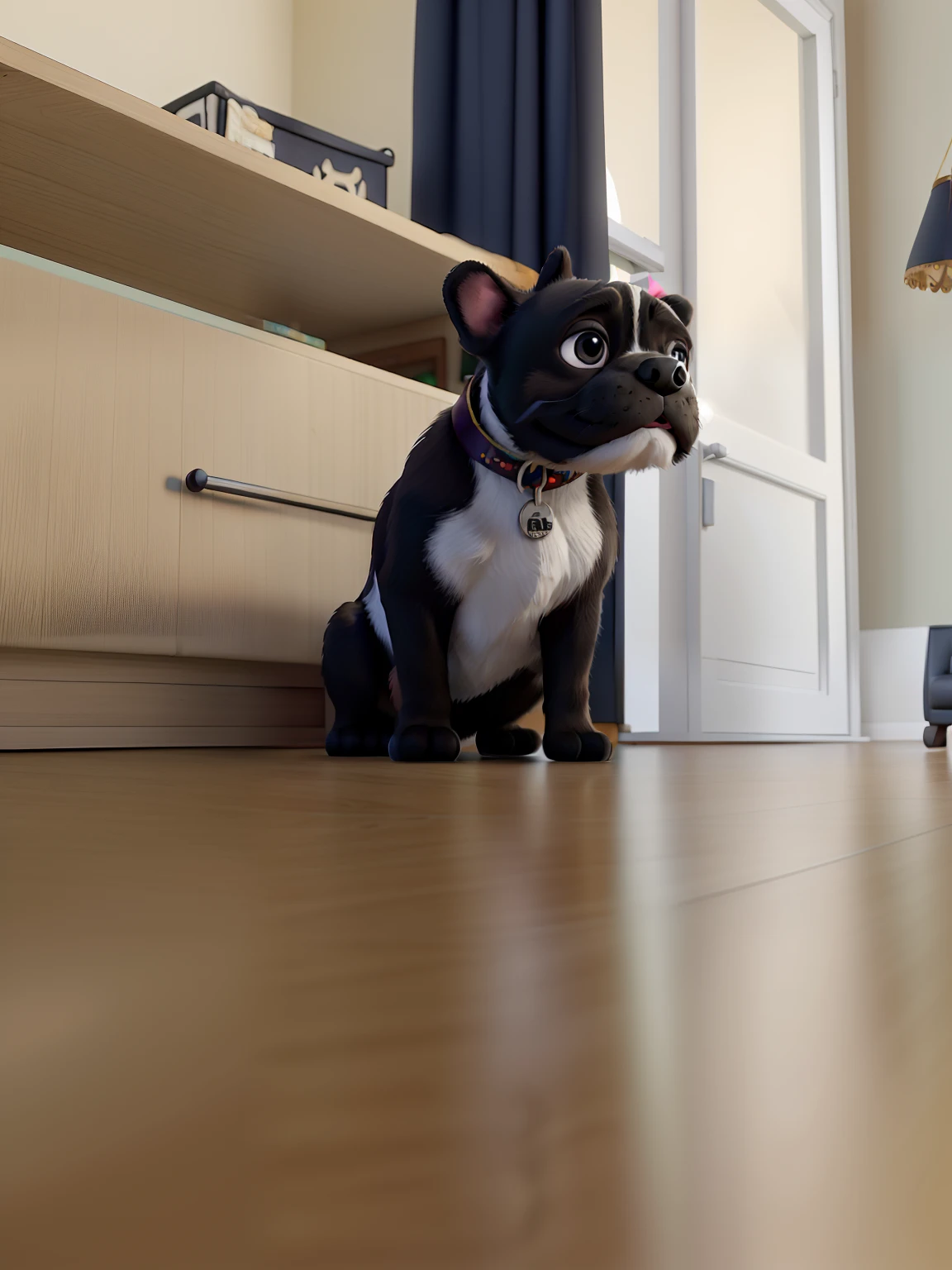 Black French Bulldog Dog with White Spot on Chest Disney Pixar Style, melhor qualidade alta qualidades