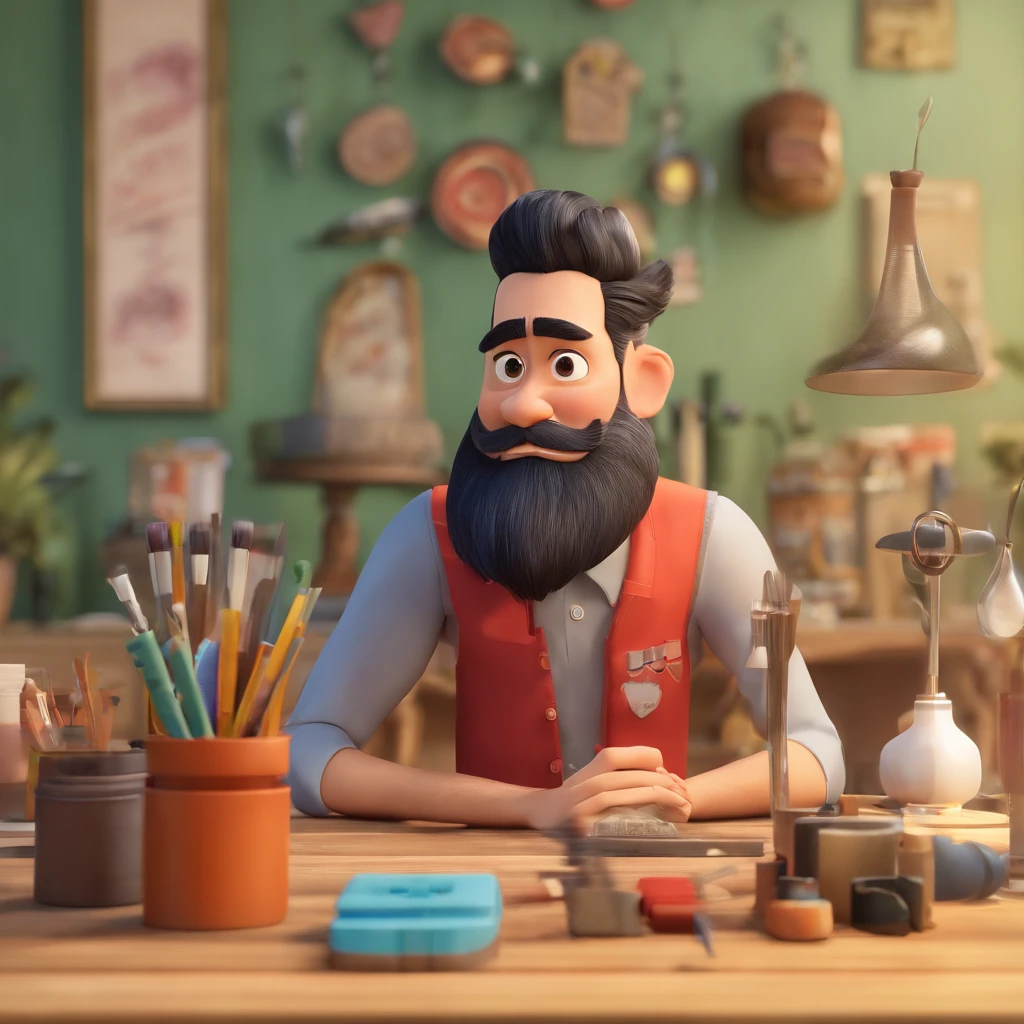 Crie um cartaz inspirado na Disney Pixar com o personagem sendo um descendente de japoneses , Um homem de cabelos curtis usando barba, In a nail salon on the table