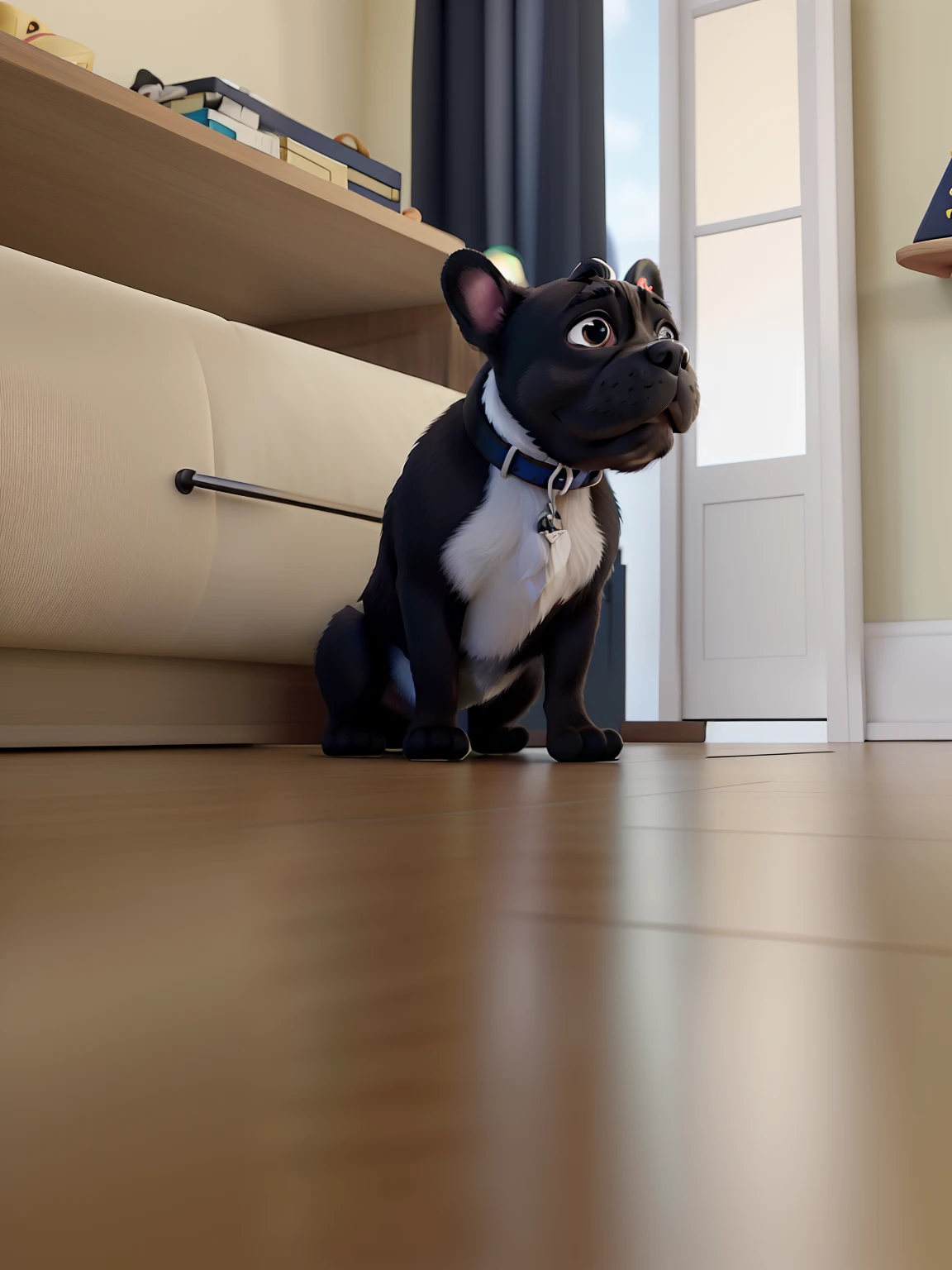 Black French Bulldog Dog with White Spot on Chest Disney Pixar Style, melhor qualidade alta qualidades