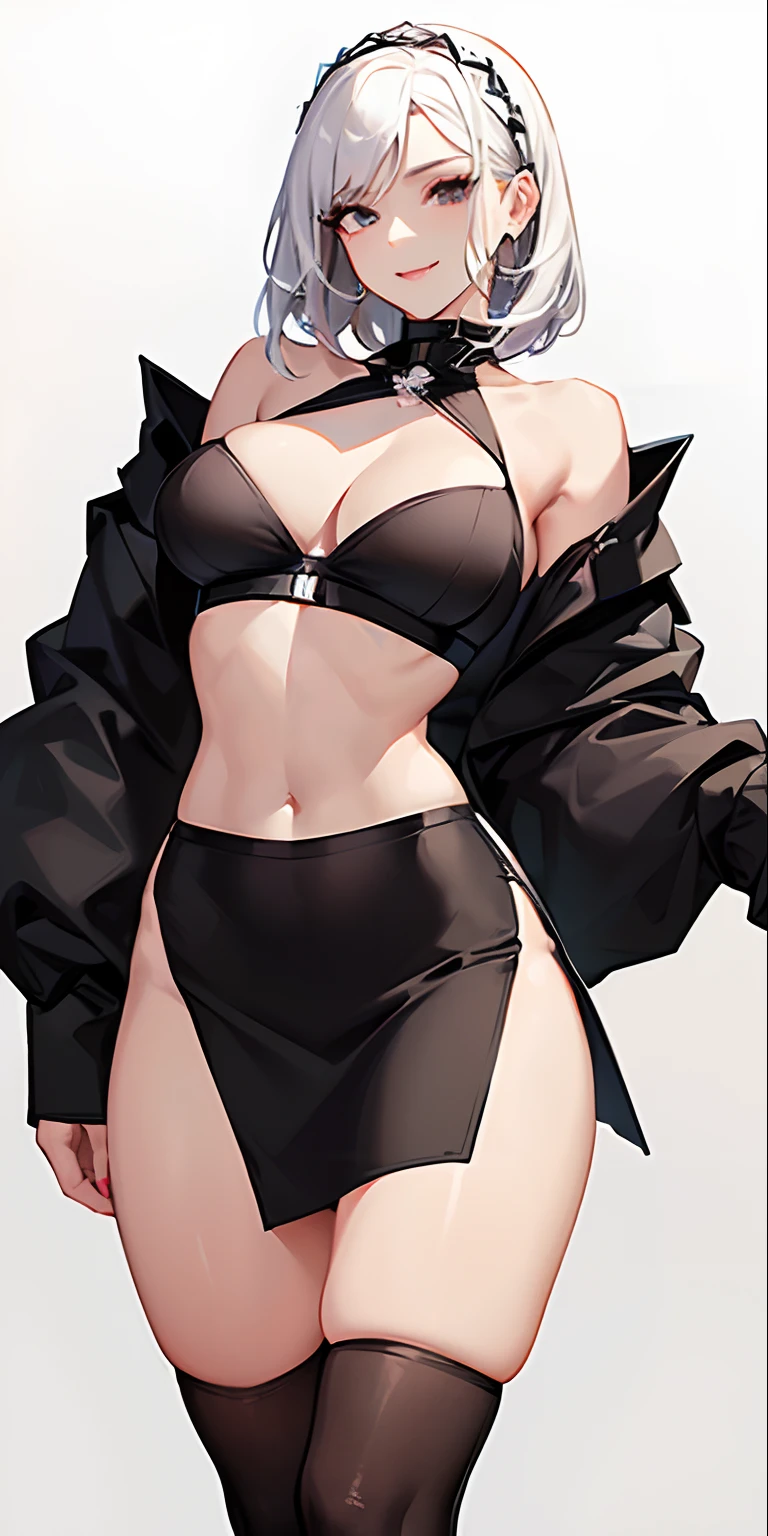 ((perfect anatomy)), a woman, mature sexy woman , a woman perfect in every way, eyes, eyebrow, white hair, (smiling), neck, big chest, perfect belly, waist, sexy legs, (((high waisted black skirt))) , black bra , white skin,white perfect skin , sexy skirt , (((black slit skirt))) , detailed bedroom , in The bedroom