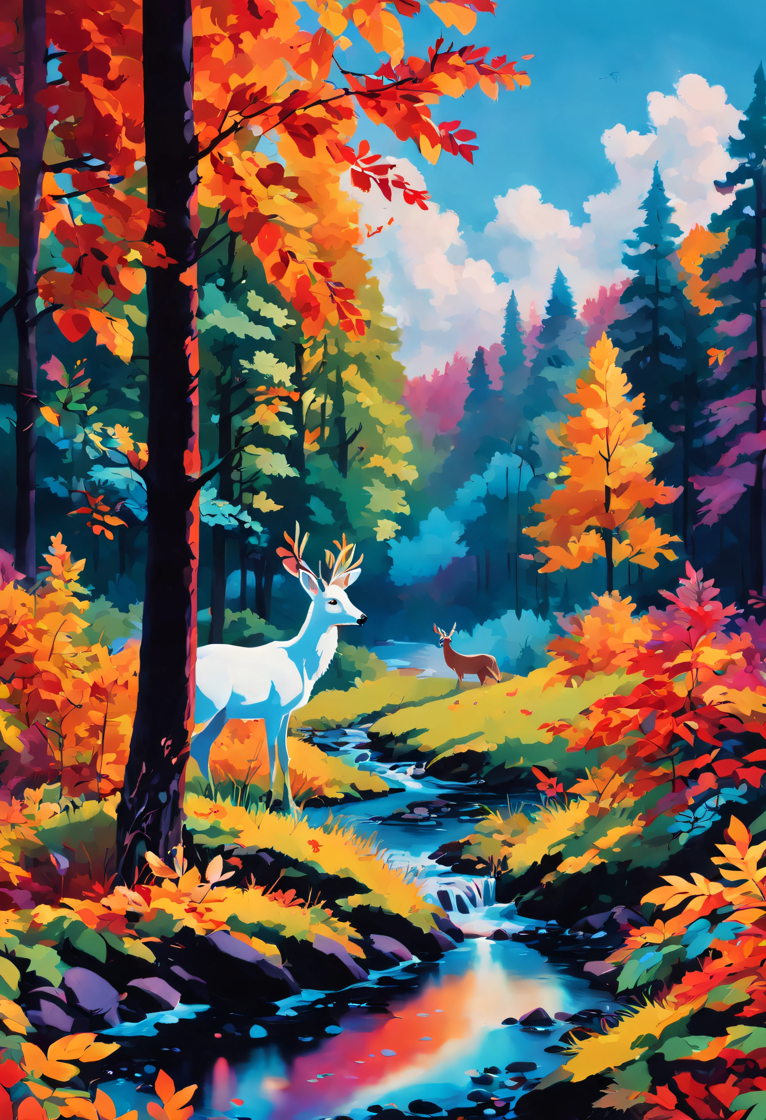 neon style, A forest in autumn with trees in various shades of orange, red, and yellow. The leaves are falling gently to the ground. There is a stream running through the forest. A deer is drinking from the stream. A rabbit is hiding in the bushes. The sky is blue with a few fluffy white clouds.