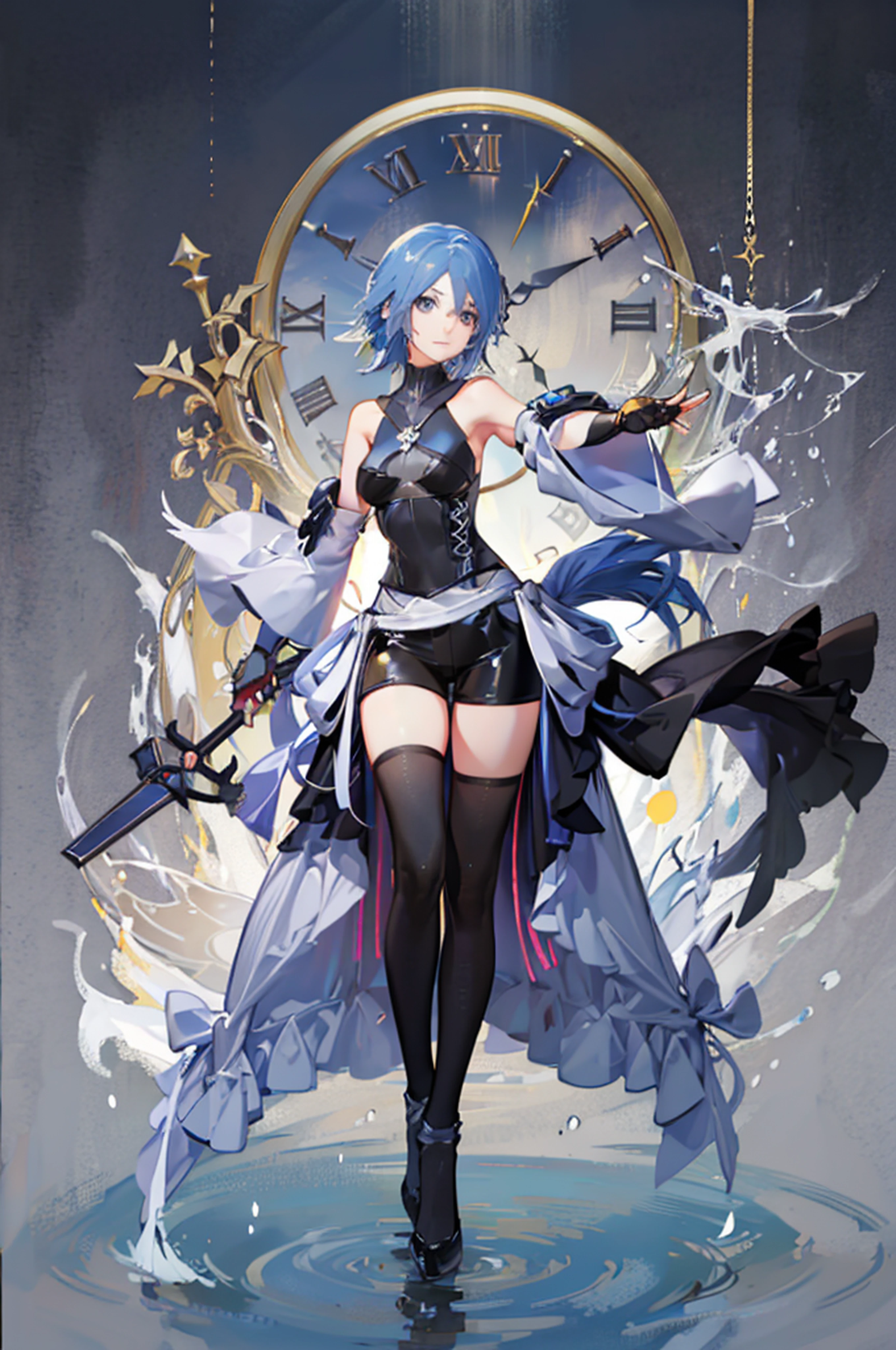 aaaqua, 1girl, absurdres, close up, portrait, view from the front, upper body, masterpiece, blue eyes, blue hair, breasts, chest strap, elbow gloves, gloves, highres, (skirt), (kingdom hearts), looking at viewer, transparent water floor, smile, solo, clear sky, open field, empty background, wide sleeves, medium breasts, detatched sleeves, black shorts , fingerless gloves, light background, (thighhighs)