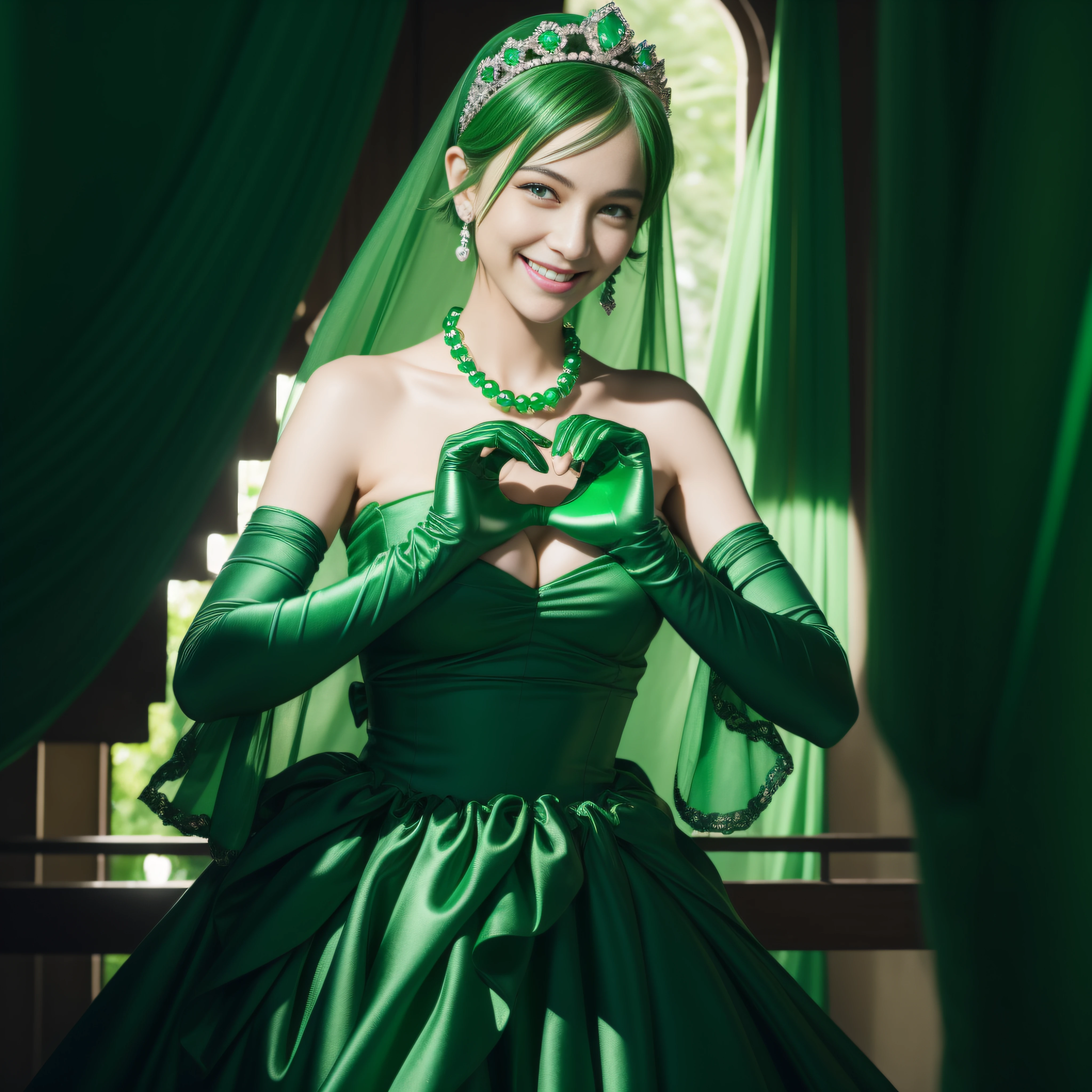 emerald tiara, Green Pearl Necklace, Boyish very short green hair, lipsticks, Japan woman smiling, very short short hair,  big breasts beautiful, Green eyes, Long green gloves made of satin material, Green eyes, Emerald Earrings, green vale, Heart with both hands