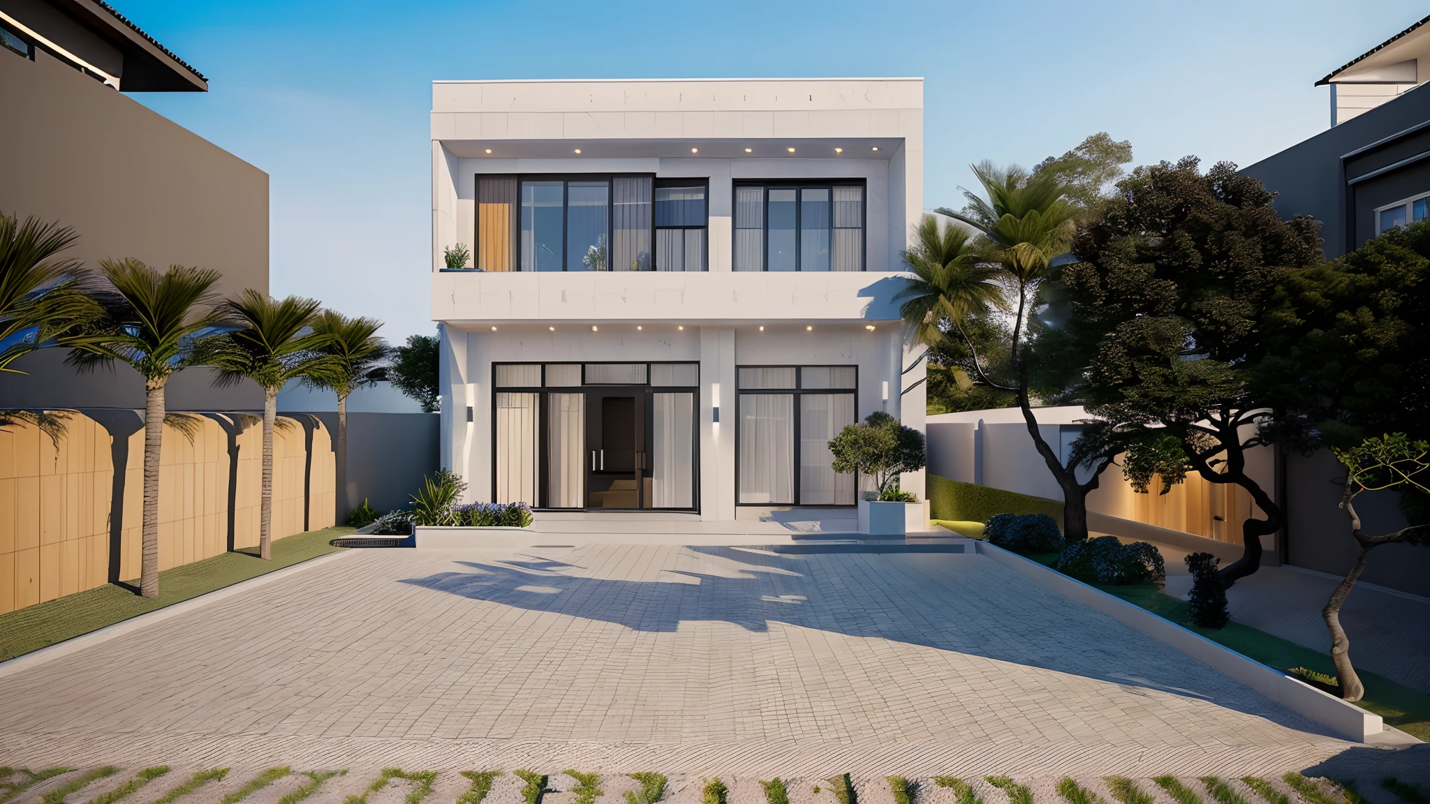 ((masterpiece, best quality, real, best quality, masterpiece:1.2), look morden minimalist, 1 road in front of the house, shime ring light, light brighteness from indoor:1.2, dynamic lighting:1.3, (hyper realistic, photo-realistic:1.2), high quality, (dark lighting:1.2), perfect lighting, archdaily, 8k, modern architecture, photorealism, ultra-detailed photo, 1 morden house, main material by white wall and hard stone, large yard, 1 road runs in front of the house, Blue sky