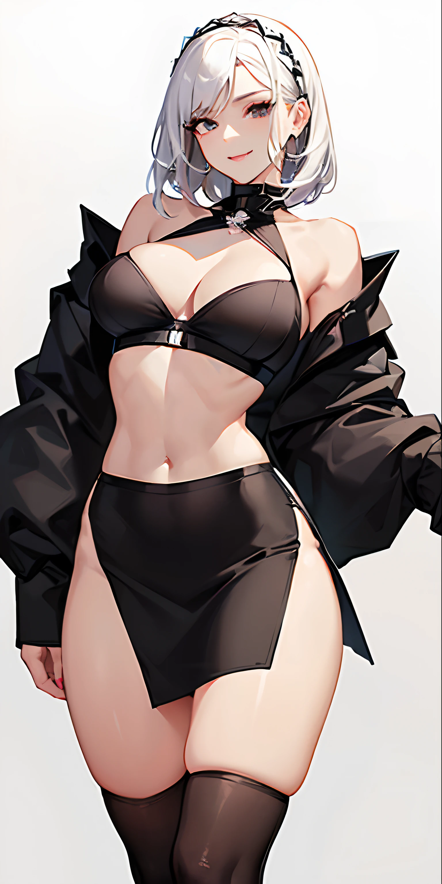 ((perfect anatomy)), a woman, mature sexy woman , a woman perfect in every way, eyes, eyebrow, white hair, (smiling), neck, big chest, perfect belly, waist, sexy legs, (((high waisted black skirt))) , black bra , white skin,white perfect skin , sexy skirt , (((black slit skirt))) , detailed bedroom , in The bedroom