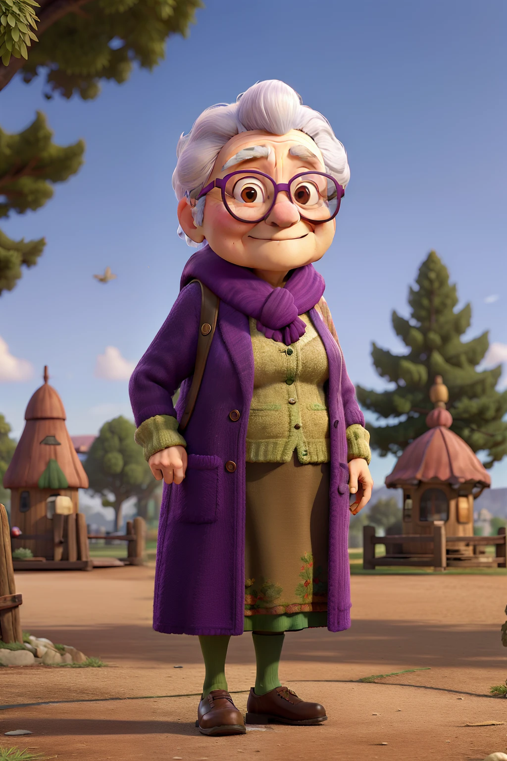 masterpiece, best quality, an old woman with glasses and a scarf on, wearing a purple coat and green scarf, standing at the park