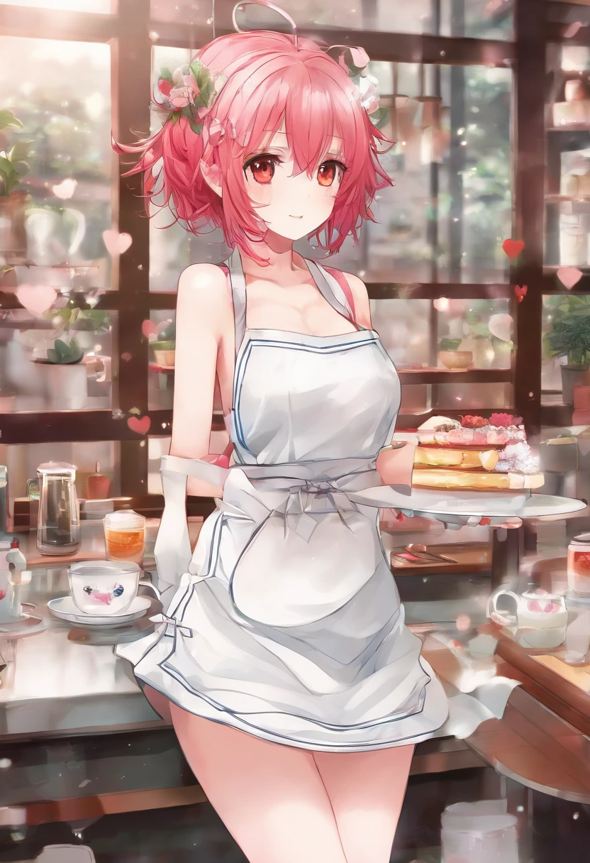 1girl in, 独奏, Nakano Nino, Pink hair, butterfly hair ornament, (barechested:1.3), (White apron),, cleavage of the breast, thighs thighs thighs thighs, Cafe background, (red blush:1.3), opening legs