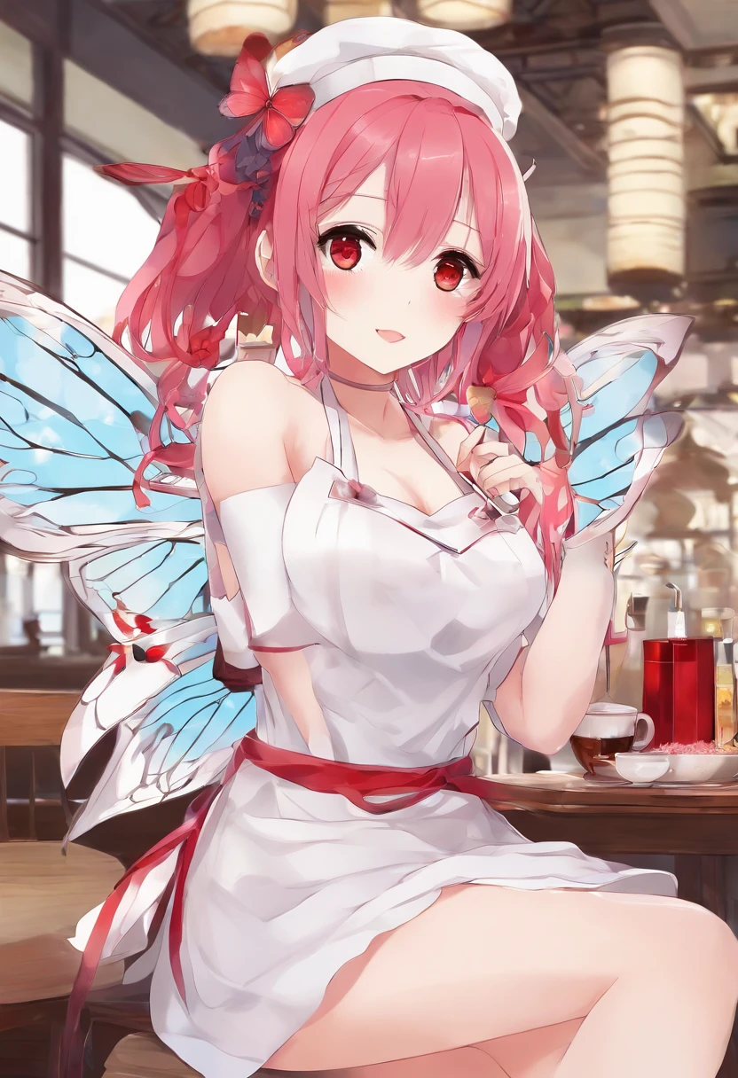 1girl in, 独奏, Nakano Nino, A pink-haired, butterfly hair ornament, (barechested:1.3), (White apron),, cleavage of the breast, thighs thighs thighs thighs, (red blush:1.3),virgin,SEX,lascivious,