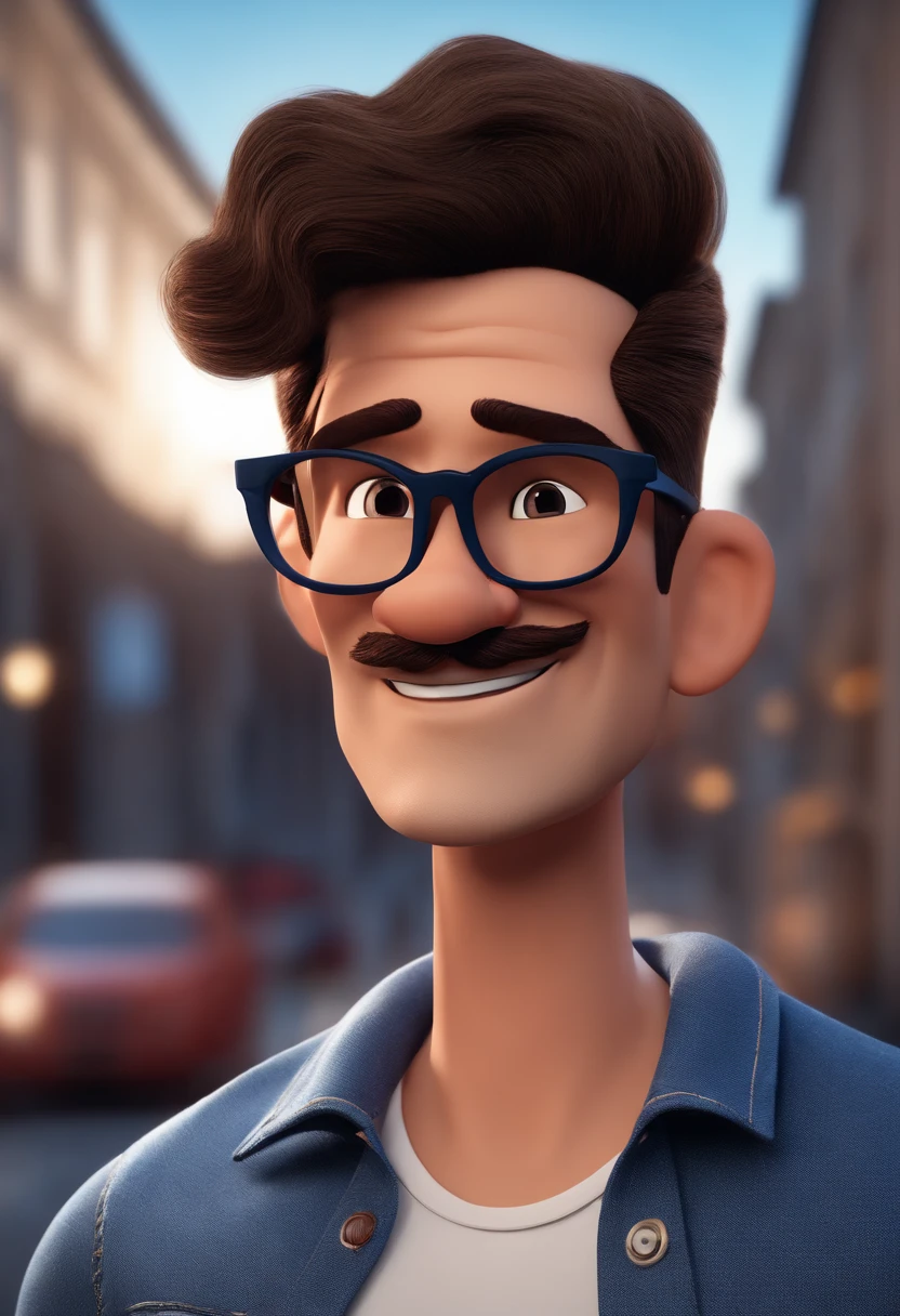 Cartoon character of a man with black glasses and a blue shirt, Denim Jeans Pants, de cabelos grisalhos, com pouca barba, rosto quadrado, animation character, Caractere estilizado, animation style rendering, 3D estilizado, Arnold Maya render, 3 d render stylized, toon render keyshot, Personagem 3D, Personagem 3D, 3d rendering stylized, 3 d character render, personagem de desenho animado, Personagem de close up, Pose de personagem,  (Estilo Pixar) (master part:1.2) (Bokeh) (best quality) (pele detalhada) (textura detalhada) (8k) (argila) (Cinematic lighting) (foco nítido