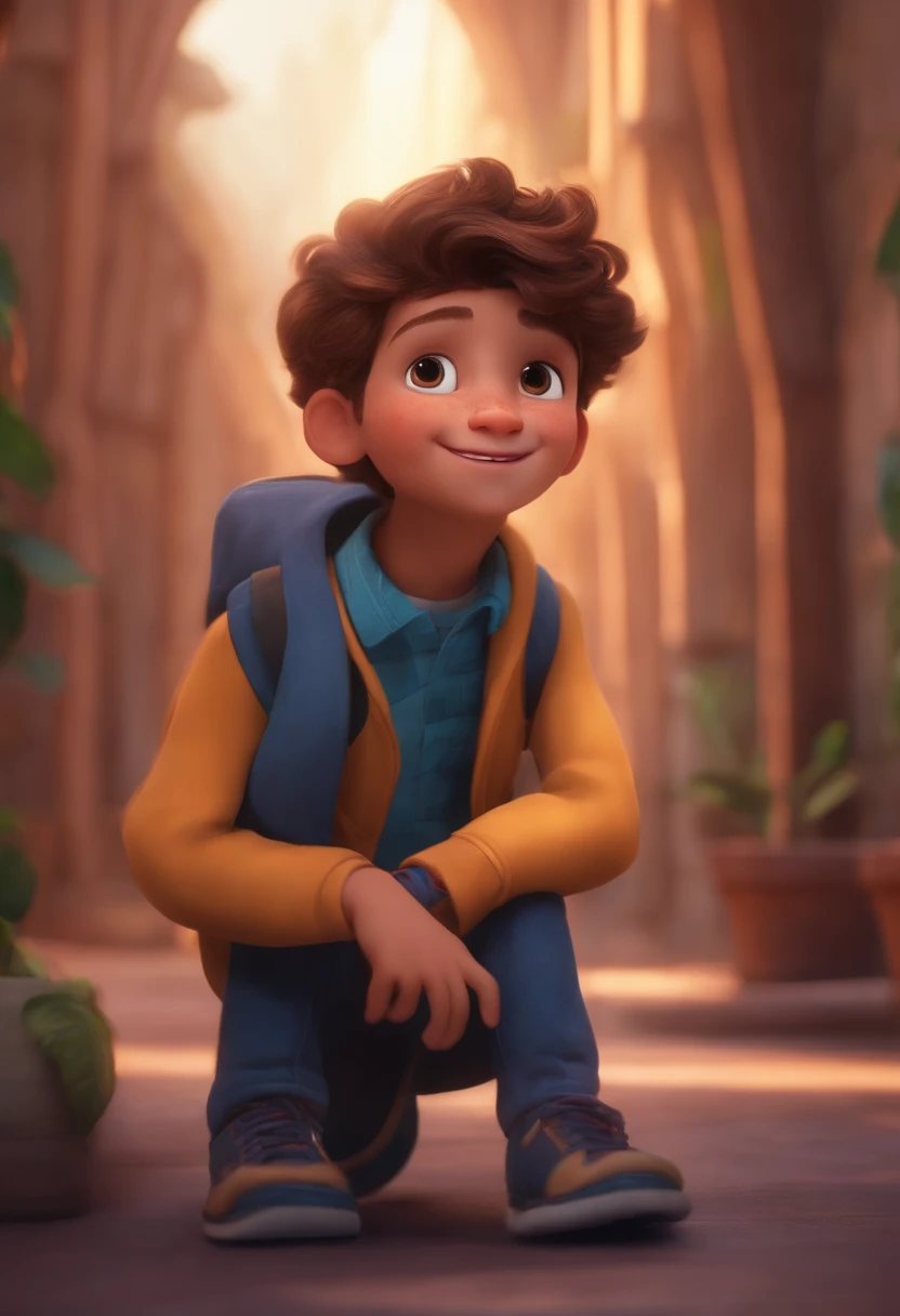 Image of a boy for a story in a YouTube video in Pixar format, He's the little allabester, He's the class leader, He's outgoing, Playful and gets up for a lot of things, cabelo curto