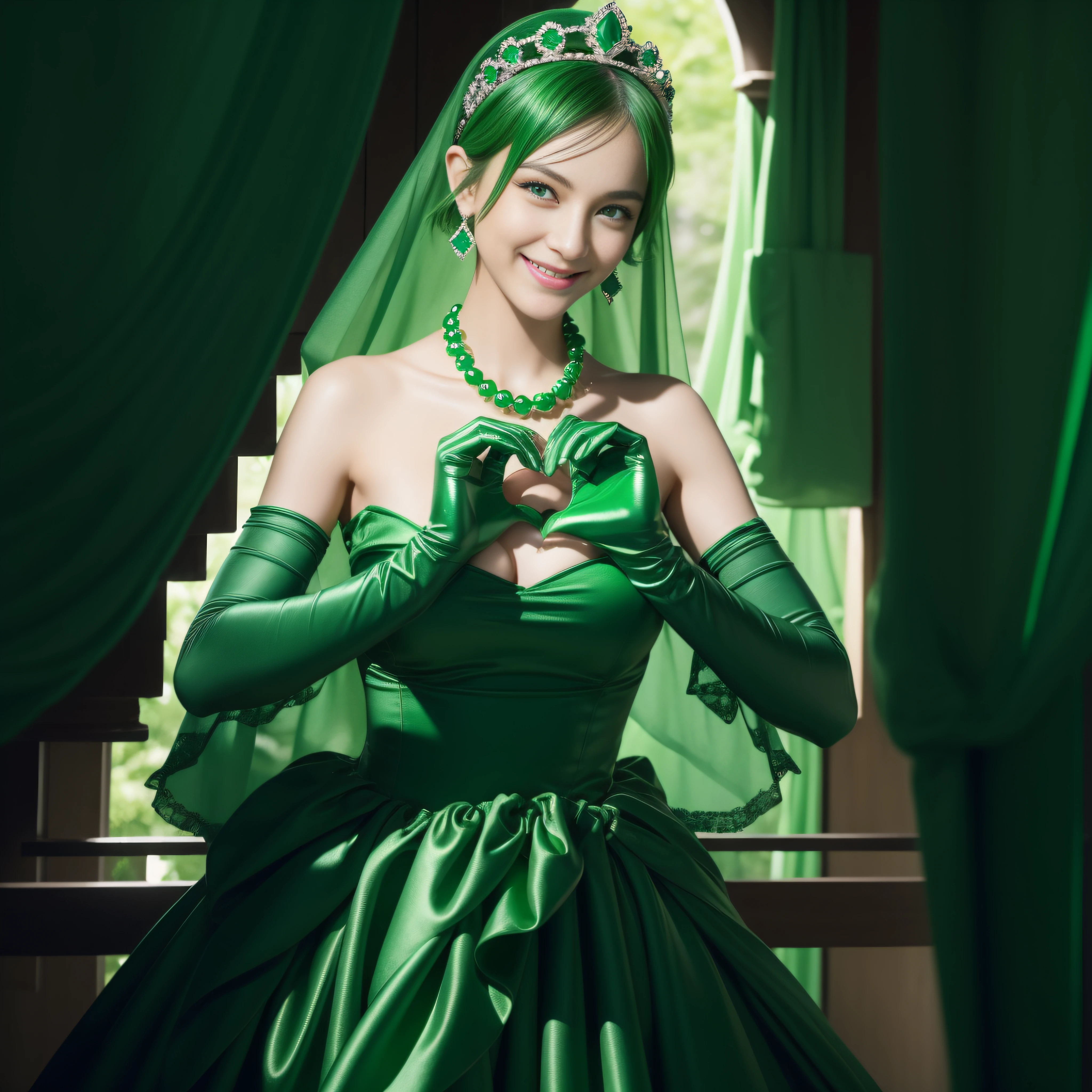 emerald tiara, Green Pearl Necklace, Boyish very short green hair, lipsticks, Japan woman smiling, very short short hair, big breasts beautiful, Green eyes, Long green gloves made of satin material, Green eyes, Emerald Earrings, green vale, Heart with both hands