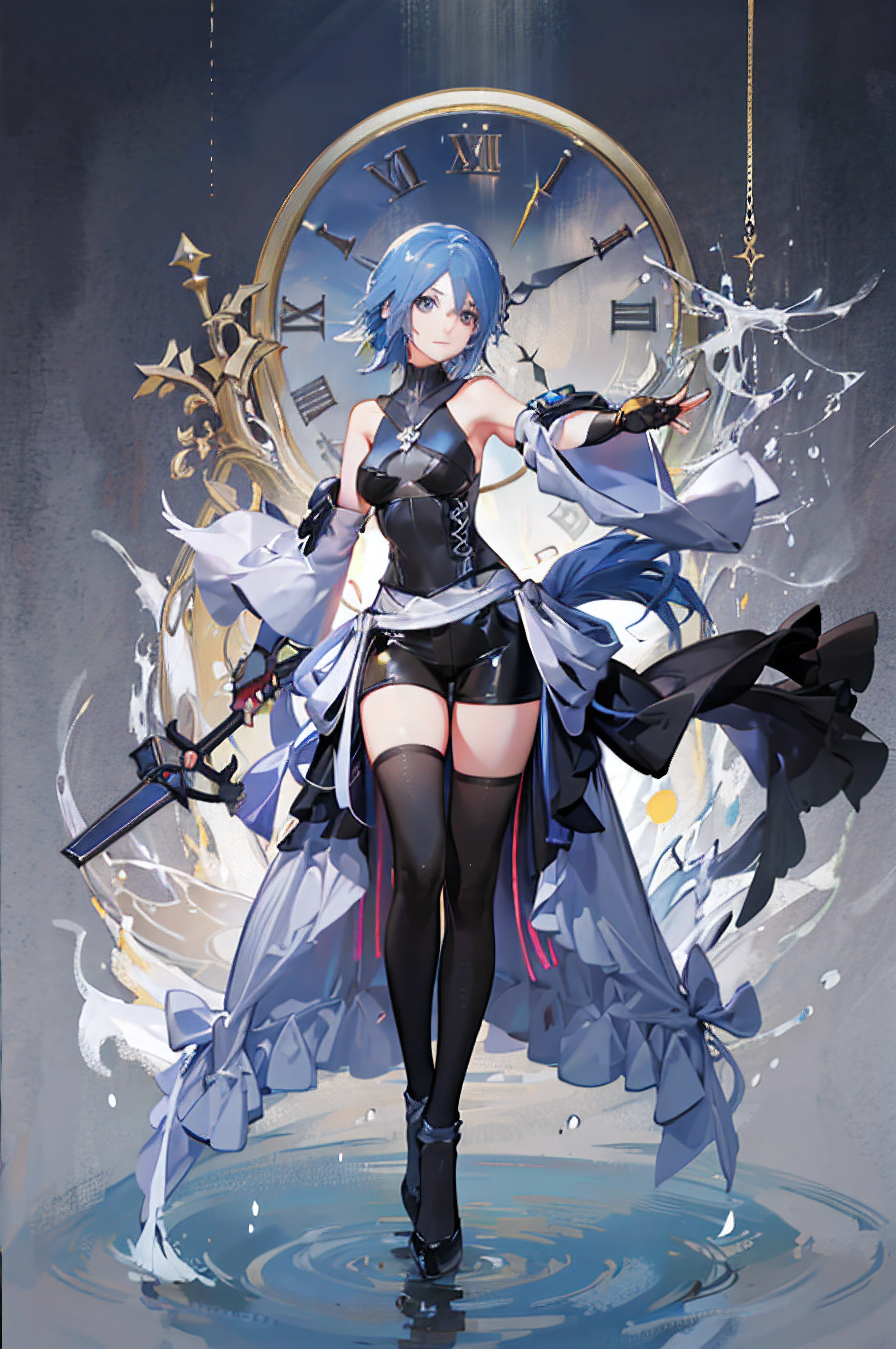 aaaqua, 1girl, absurdres, close up, portrait, view from the front, upper body, masterpiece, blue eyes, blue hair, breasts, chest strap, elbow gloves, gloves, highres, (skirt), (kingdom hearts), looking at viewer, transparent water floor, smile, solo, clear sky, open field, empty background, wide sleeves, medium breasts, detatched sleeves, black shorts , fingerless gloves, light background, (thighhighs)