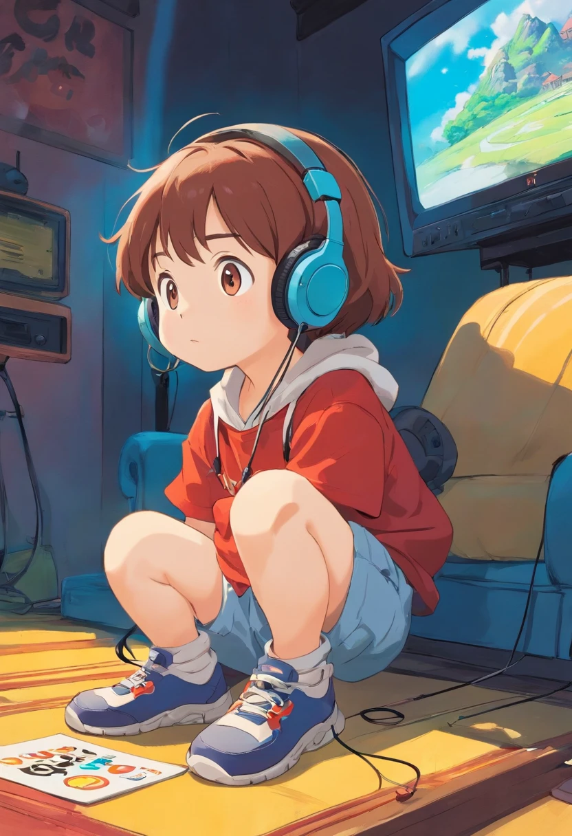 A small child is playing a game with headphones,Keep your eyes on the console,floating in air,The background is a bright patch of color,Manhwa Style