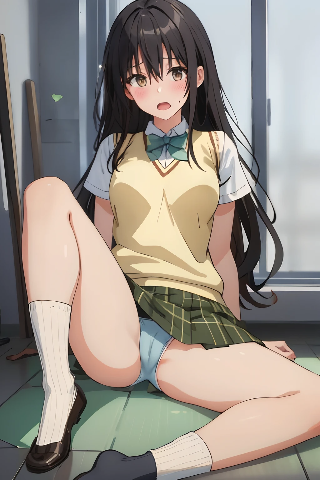 (masterpiece, best quality:1.2),illustration,8k,hd,1girl,solo,upper body,(portrait:1.2),blush, open mouth, shy, black hair, brown eyes, long hair, bangs, hair between eyes, school uniform, bow, breasts, sweater vest, green skirt, socks, knee highs, short sleeves, plaid skirt, pleated skirt, white panties, white bra, from below, ((full body)), ((spread legs)), fluttering skirt, sitting, get on your butt