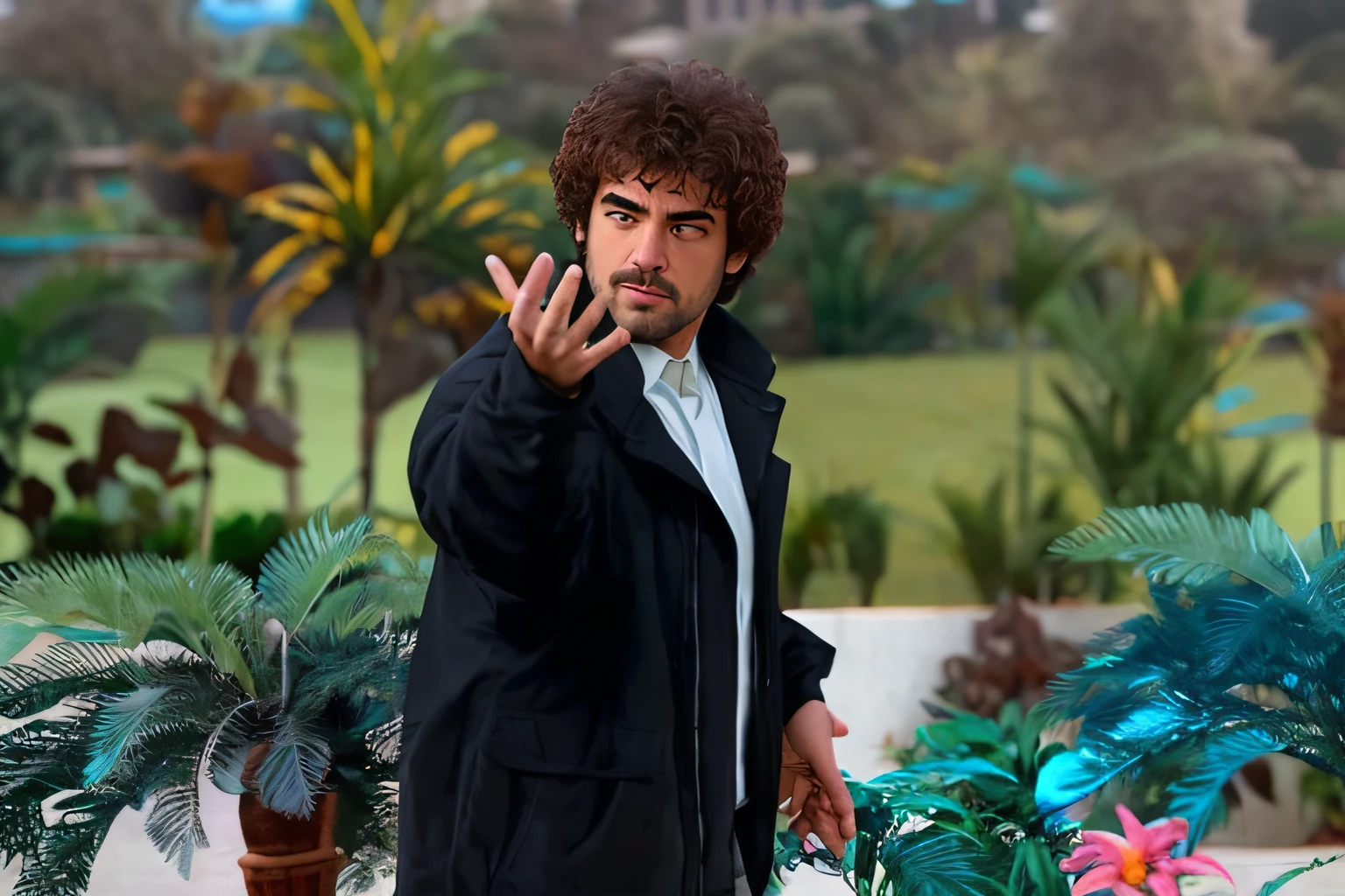 There's a man standing in a garden talking on his cell phone, Riccardo Scamarcio placeholder image, majestosa obra-prima, Giga Chade Capaybara, Bob Ross como Scarface, album, Jorge Lopez, ator, Hiper-realista Jeff Goldblum, crisp detail, episode, Very high quality, Bob Ross como 007, daniel mirante
