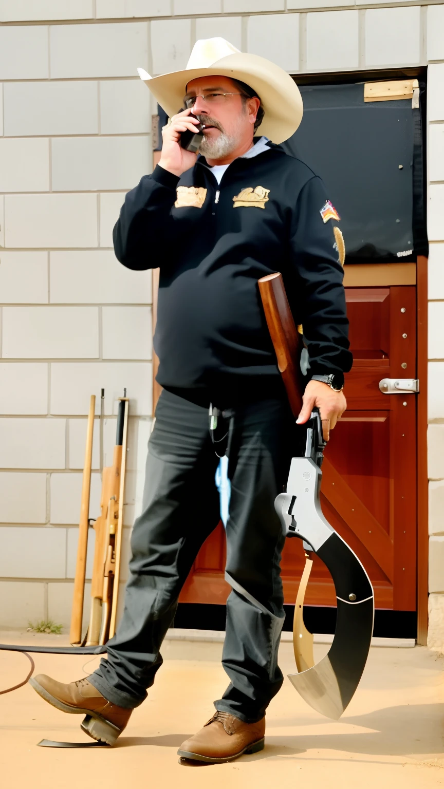 there is a man in a cowboy hat talking on a cell phone, with rifle, armed with edged weapons, with pistol, shooting pose, very very low quality picture, holding rifle, full body in shot, holding a rifle, man is carrying a rifle, with hand crossbow, with axe, full body photogenic shot, with rifle in hands, holding a weapon