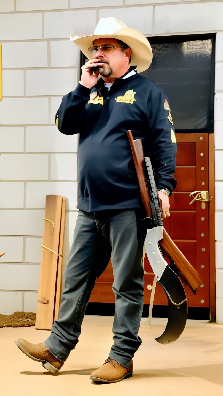 there is a man in a cowboy hat talking on a cell phone, with rifle, armed with edged weapons, with pistol, shooting pose, very very low quality picture, holding rifle, full body in shot, holding a rifle, man is carrying a rifle, with hand crossbow, with axe, full body photogenic shot, with rifle in hands, holding a weapon