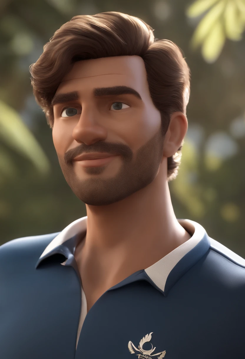 Personagem de desenho animado de um homem e uma camisa polo azul marinho, sem cabelo, Com barba cavanhaque, animation character, Caractere estilizado, animation style rendering, 3D estilizado, Arnold Maya render, 3 d render stylized, toon render keyshot, Personagem 3D, Personagem 3D, 3d rendering stylized, 3 d character render, personagem de desenho animado, Personagem de close up, Pose de personagem, (Estilo Pixar) (master part:1.2) (Bokeh) (best quality) (pele detalhada) (textura detalhada) (8k) (argila) (Cinematic lighting) (foco nítido