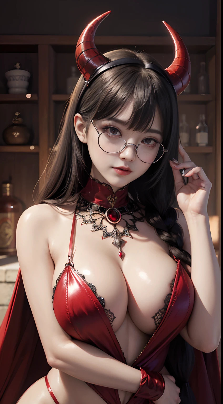 Fine、(The best illustrations)、8k UHD resolution、intricate-detail、top-quality、realisitic、ultra-detailliert、The best lighting、Best Shadows、Soft lighting、Ulutra HD、Ultra-realistic、Tindall Effect、Photorealsitic、(High Detail Skins:1.2)、 (Intricate details, makeup, pureerosface_v1:0.5), (Detailed beautiful delicate face, Detailed beautiful delicate eyes, A perfectly proportioned face, High detailed skin, Detailed skin, best ratio four finger and one thumb, arms below breasts, Tattoo with a red glow under the stomach、Awesome awesome, wide hips, smooth midriff, skiny and thin, __Fashion__, __hair__:1.25)、Digital SLR、 absurderes、1 beautiful devil woman from hell, surreal female portraits by David Hockney and Alphonse Mucha, Portrait of a seductive woman、Fantasy Art, Chinese Doll、Chinese actress、Dungeon、The dragon、Devil's Palace、Devil's Torture Chamber、natta、Dark style 、In the Dark、(Detailed spooky backgrounds:0.8), magia、 女の子1人、Evil Nun、Dark Necromancer、Succubus、Devil's Daughter、Umi Shinonome、Bat Wings，(((Demon Horns)))、 ((((Huge glasses, Otaku Glasses, thick glasses, Round glasses)))),(((Colossal tits)))、(Devil's Tail)、(red eyes glowing:1.6)、red eyes make up very sharp and detailed, The eyes are very well made up, ((Red Eye:1.0)),intricate tattoos, demonic intricate tattoos, thigh tattoos, body tattoos, ​masterpiece、The most beautiful face、a baby face、Charming smile、plump beautiful red lips、Muscular seductive body、The enchanting body of the devil、devil style、Seductive Black Magic Costume、(((A shiny red snake is wrapped around her body)))、The long-haired、Braids、Black hair、Ponytail distortion、, Ponytail with a bow tied at the back of the hair, Beautiful expression、Body Up、Large breasts emphasis、Bust,  Super tight breasts, Breast augmentation surgery, The breasts are very big and round and round,Toned waist、Wide buttocks、 lowkey, cowboy lens, (red phoenix dress: 1.0),  devil crown,  Red sparkling gemstone necklace、Jewelry Gwise,  wearing black mesh socks,wearing a thin red and