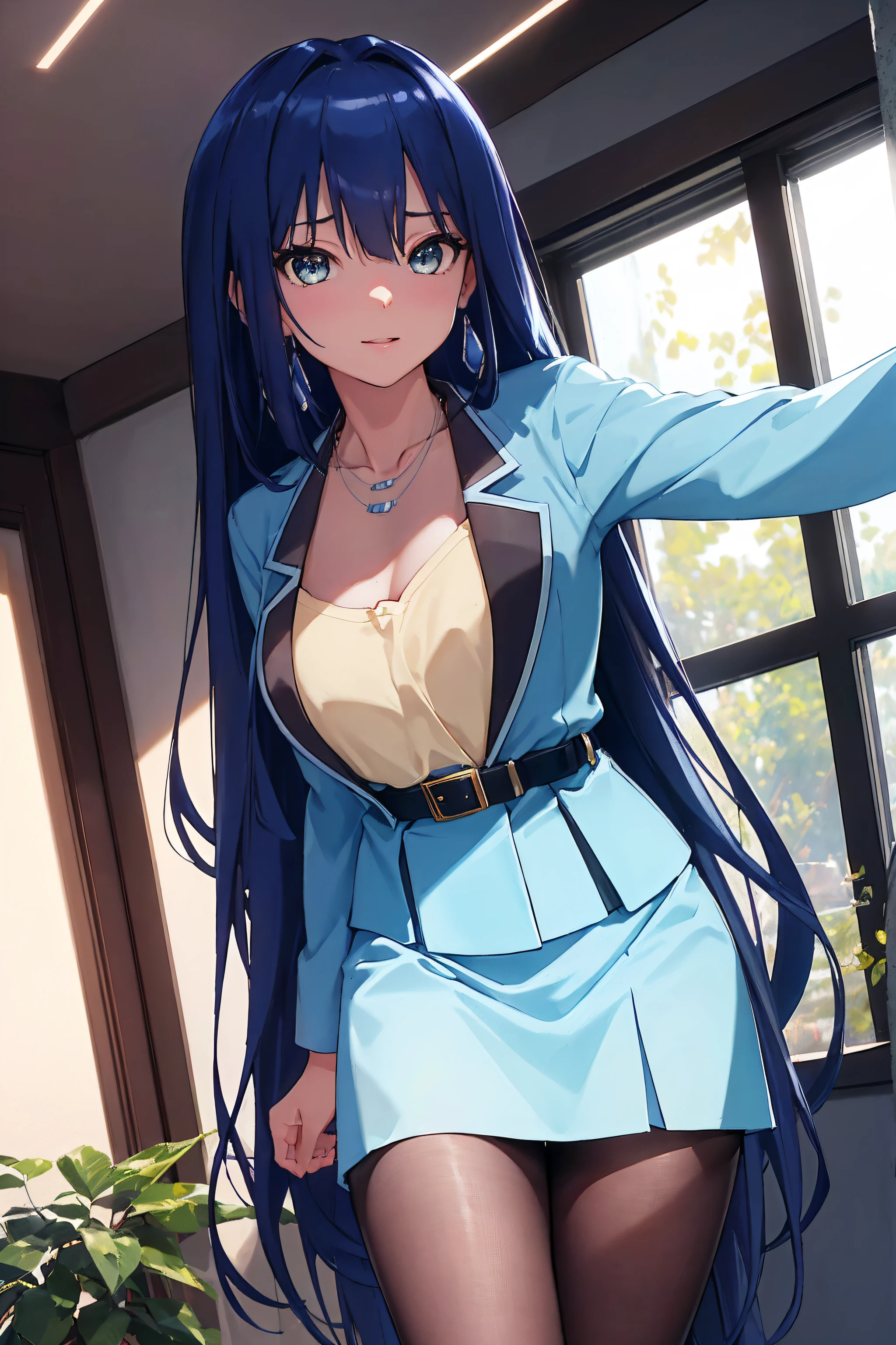 masterpiece, best quality, highres, 1girl ayano yuugiri, earrings necklace blue jacket shirt belt blue skirt pencil skirt black pantyhose earrings necklace standing, leaning forward, (arms behind back),NSFW,official art,extremely detailed CG unity 8k wallpaper, perfect lighting, (masterpiece:1.0),(best_quality:1.0), ultra high res,4K,ultra-detailed, photography, 8K, HDR, highres, absurdres:1.2, Kodak portra 400, film grain, blurry background, bokeh:1.2, lens flare, (vibrant_color:1.2),(beautiful_face:1.5),(narrow_waist),(perfect hands, perfect anatomy:1.2),