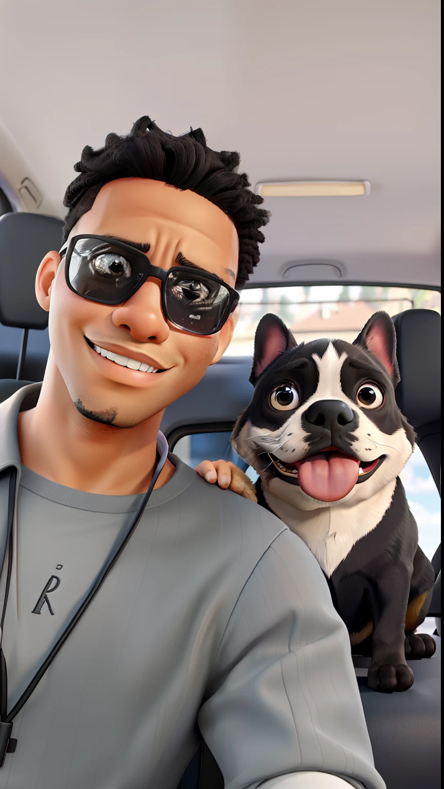 A black man and his French bulldog inside the car