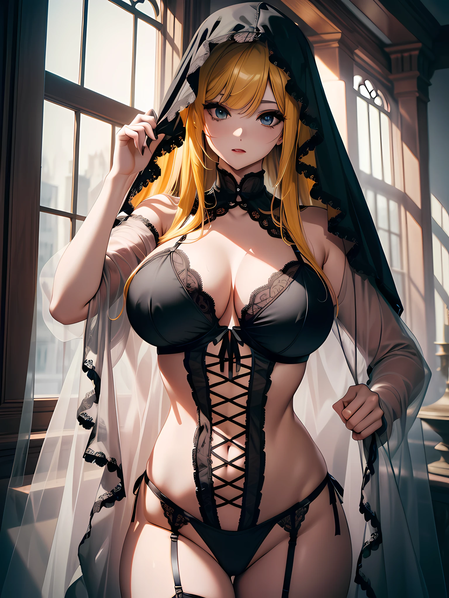 absurd, 8K, high resolution, ultra detailed, beautiful, masterpiece, best quality, very pretty, ghost costume, hood, halloween, young, very pretty woman, sexy, (black lingerie:1.3), yellow hair, (long hair:1.5) , sexy, detailed woman's face, very attractive, (very large breasts:1.3),