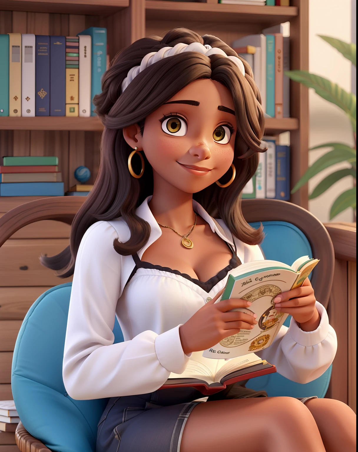 Uma bela jovem morena de cabelo longo preto, sentada lendo um livro na varanda