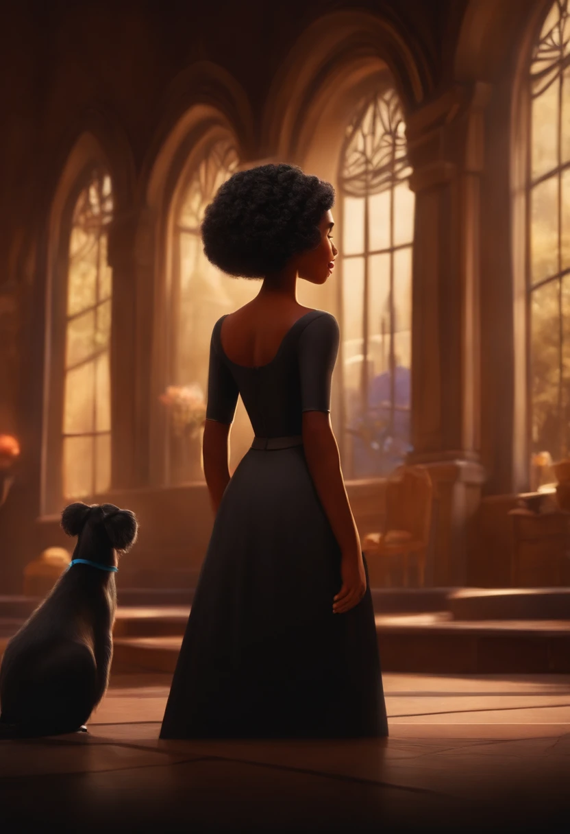 Um filme inspirado na Disney Pixar ( NEGRA JOVEM COM CABELO LONGO CACHEADO PRETO) dentro A cena estar na arte distinta do estilo PIXAR, descolada e estilosa