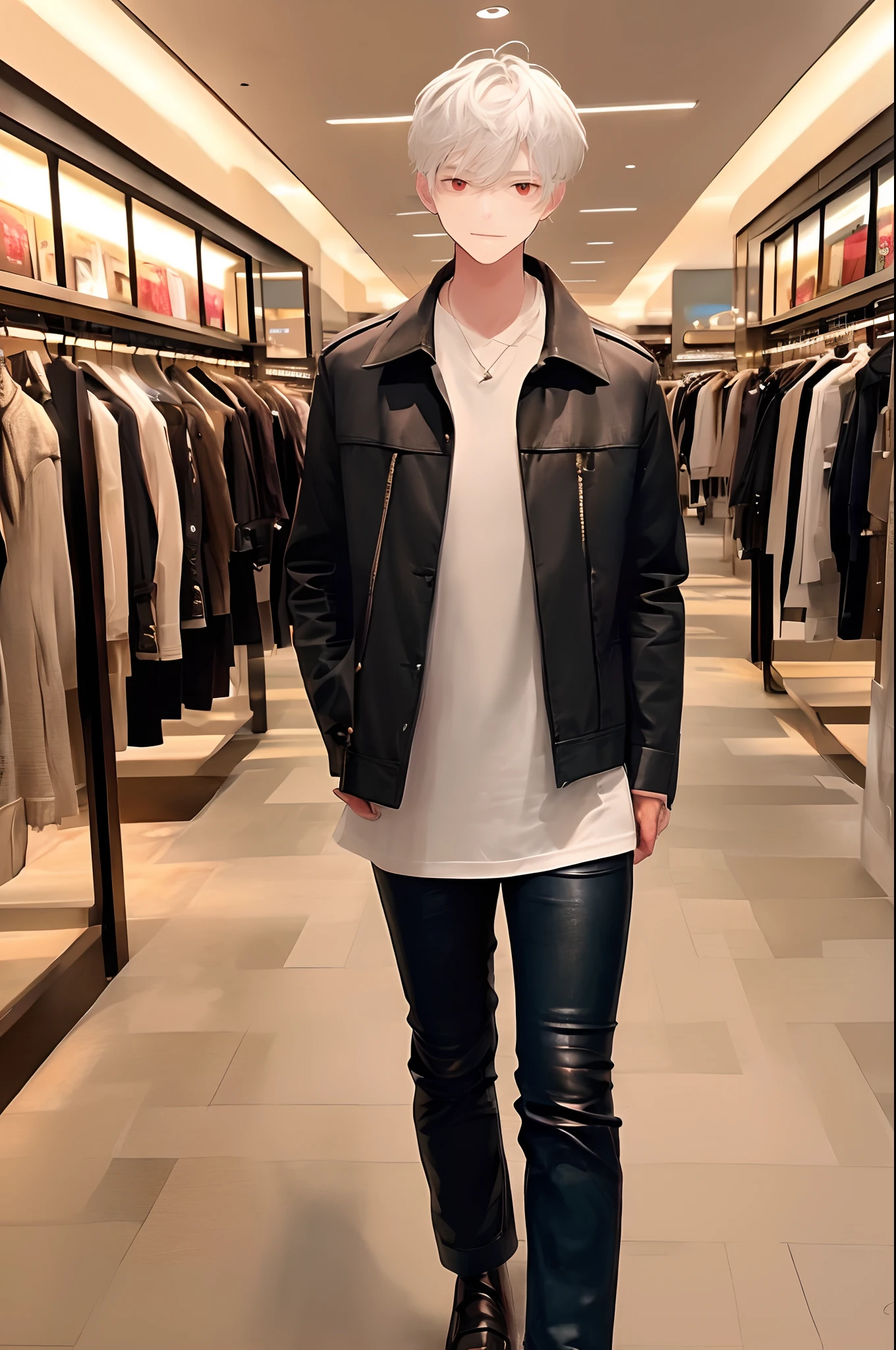 (4K works))、masterpiece、(top-quality)、((In front of the department store))、Korean Male、Adult male、((Adult 50 years old))、((Adult uncle type))、((Leather Jeans Style))、((Face similar to Hyunjin))、Cool Men、tall、((Gentle face))、((Cool werewolf fashion in black))、((Long sleeve long trouser style))、((Smaller face))、Slim body、((Uncle))、((white hair))、((white short-haired))、((Red Eyes))、((shot from front))、((Shot alone))、((Solo Photography))、Professional Photos、((Reach out to your audience))、((He walks in front of the viewer))、((dad bod))、