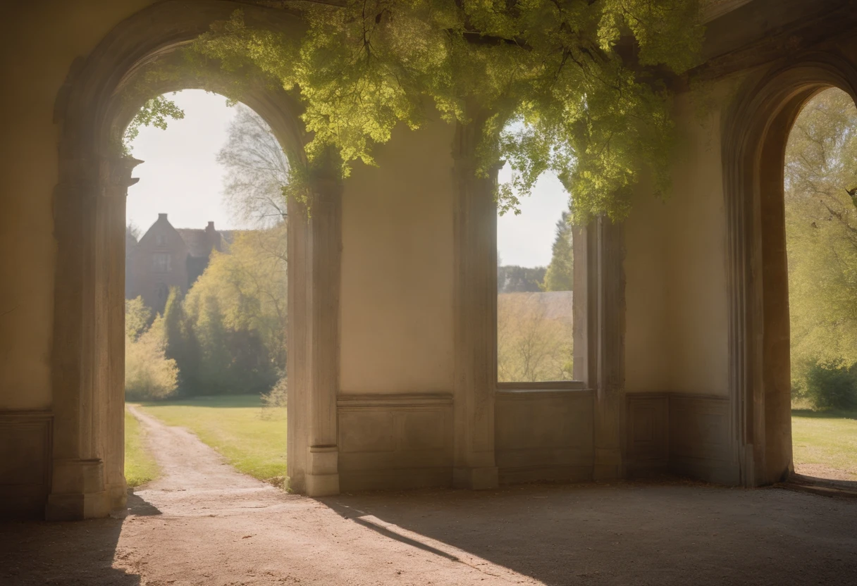 A beautiful old abandoned mansion, trees and foliage growing up around it, over it and through it, a crisp spring morning, early light, long shadows, with a beautiful naked model, posing in one of the doorways