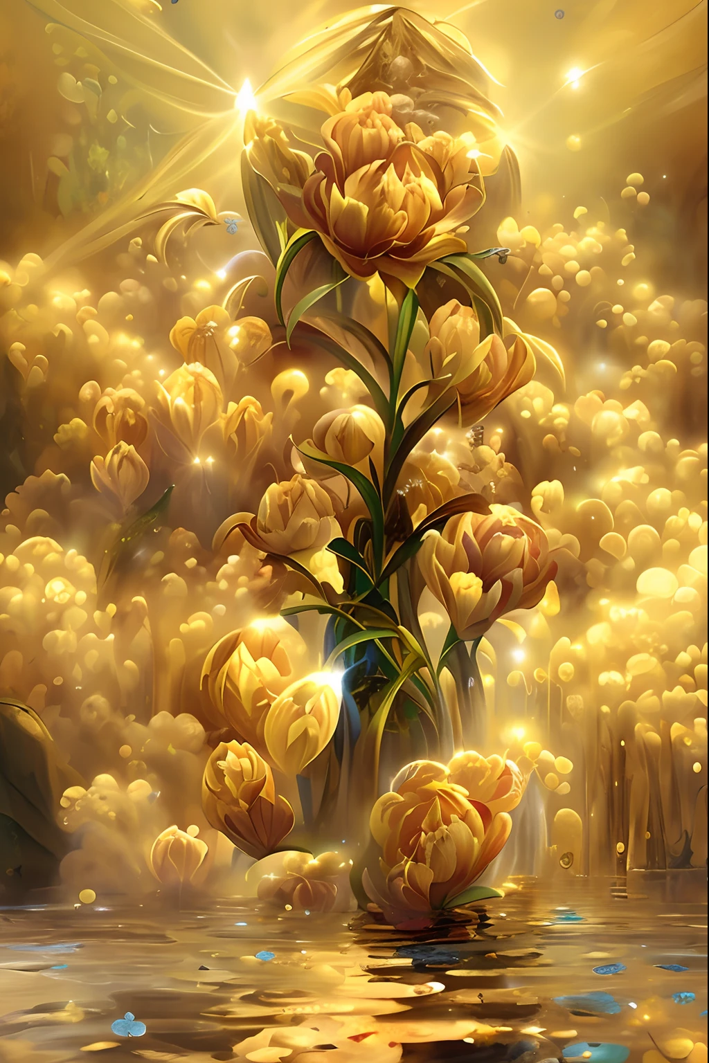 There is a vase painting，There are flowers inside, golden flowers, gold flowers, beautiful digital painting, Very Beautiful Digital Art, Beautiful digital artwork, beautiful digital art, Gorgeous digital painting, Magical flowers, surreal waiizi flowers, Luminous flowers, fanciful floral mandelbulb, flowers and gold, Inspired by Tomasz Alen Kopera, gorgeous digital art