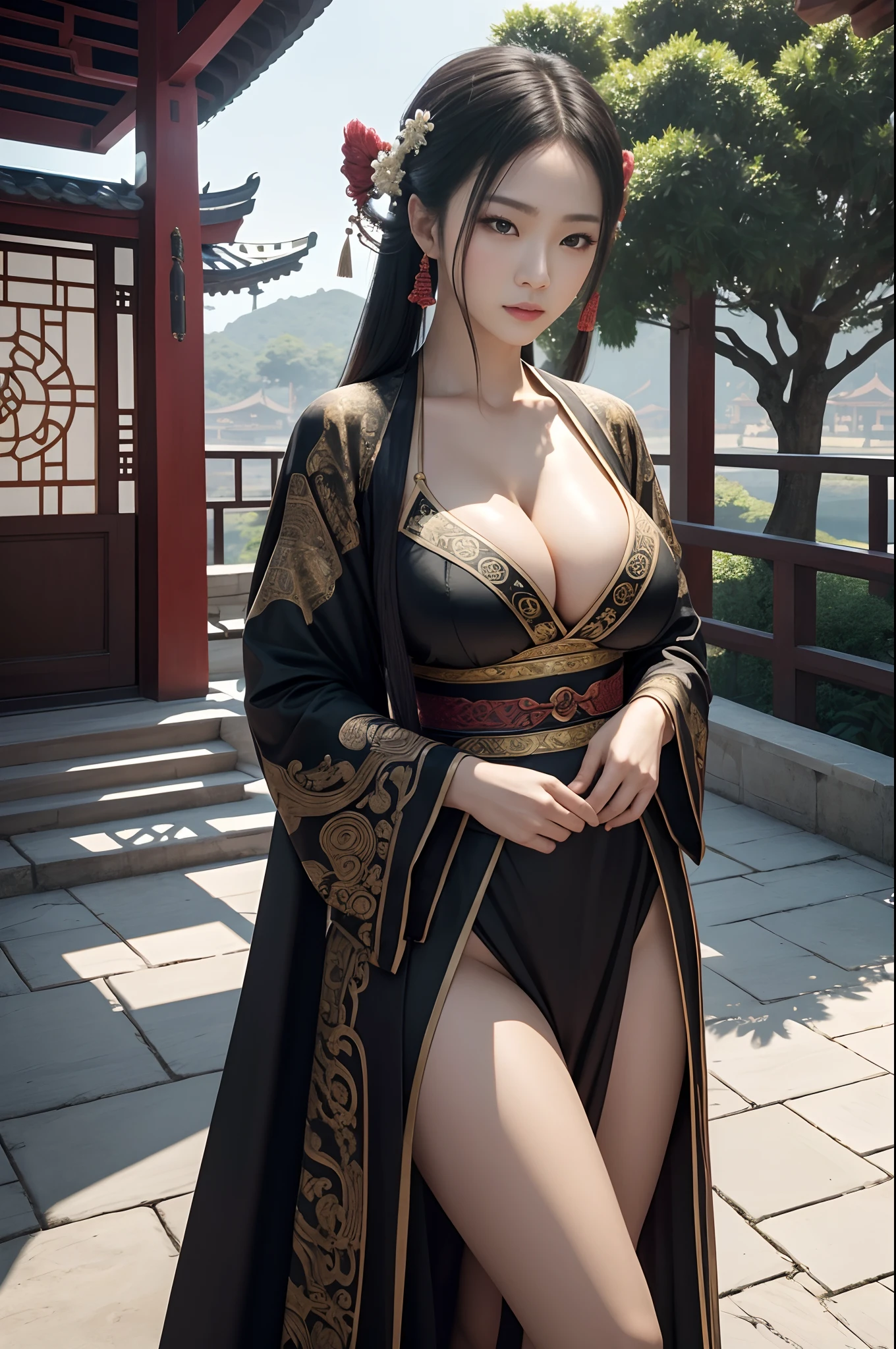 8K,top-quality、masterpiece、超A high resolution、(Photorealsitic:1.4)、xiuxian、arma、A detailed face、 1girl,独奏,arma,cleavage of the breast,(magic circles:1.2),xiuxian,The upper part of the body,a beauty girl,full bodyesbian,east asian east asian architecture,scabbard,architectural, huge-breasted
