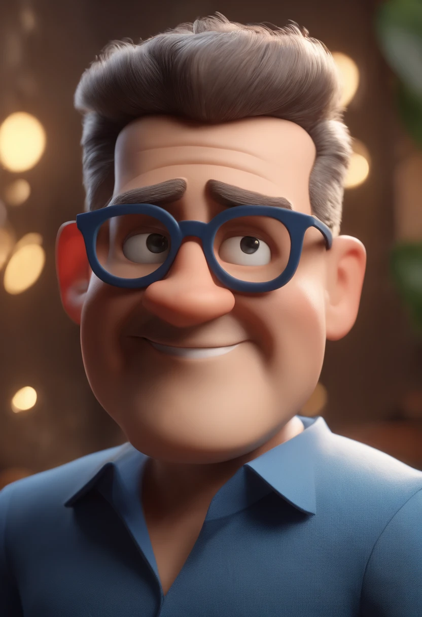 Cartoon character of a man wearing black glasses and a blue shirt, um personagem animado, Caractere estilizado, animation style rendering, 3D estilizado, Arnold Maya render, 3 d render stylized, toon render keyshot, Personagem 3D, Personagem 3D, 3d rendering stylized, 3 d character render, personagem de desenho animado, Personagem de close up, Pose de personagem, (Estilo Pixar) (master part:1.2) (Bokeh) (best quality) (pele detalhada) (textura detalhada) (8k) (argila) (Cinematic lighting) (foco nítido,Senta e vaza a parte superior do corpo