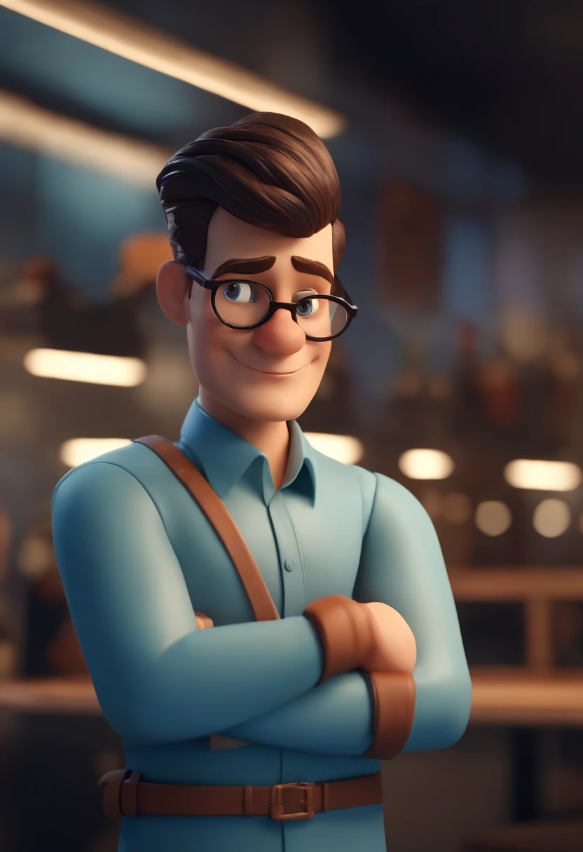 Cartoon character of a man wearing black glasses and a blue shirt, um personagem animado, Caractere estilizado, animation style rendering, 3D estilizado, Arnold Maya render, 3 d render stylized, toon render keyshot, Personagem 3D, Personagem 3D, 3d rendering stylized, 3 d character render, personagem de desenho animado, Personagem de close up, Pose de personagem, (Estilo Pixar) (master part:1.2) (Bokeh) (best quality) (pele detalhada) (textura detalhada) (8k) (argila) (Cinematic lighting) (foco nítido,Senta e vaza a parte superior do corpo