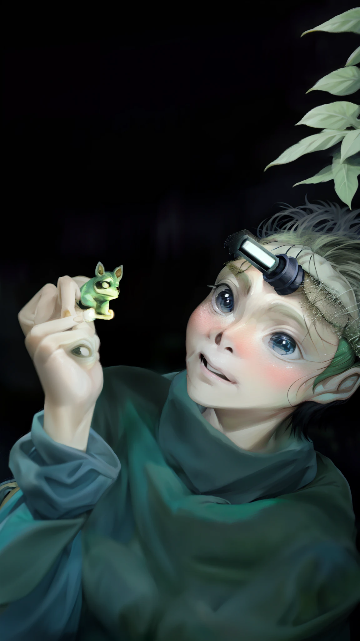 There's a woman holding a beautiful, green tree frog in her hand, With a flashlight on his head