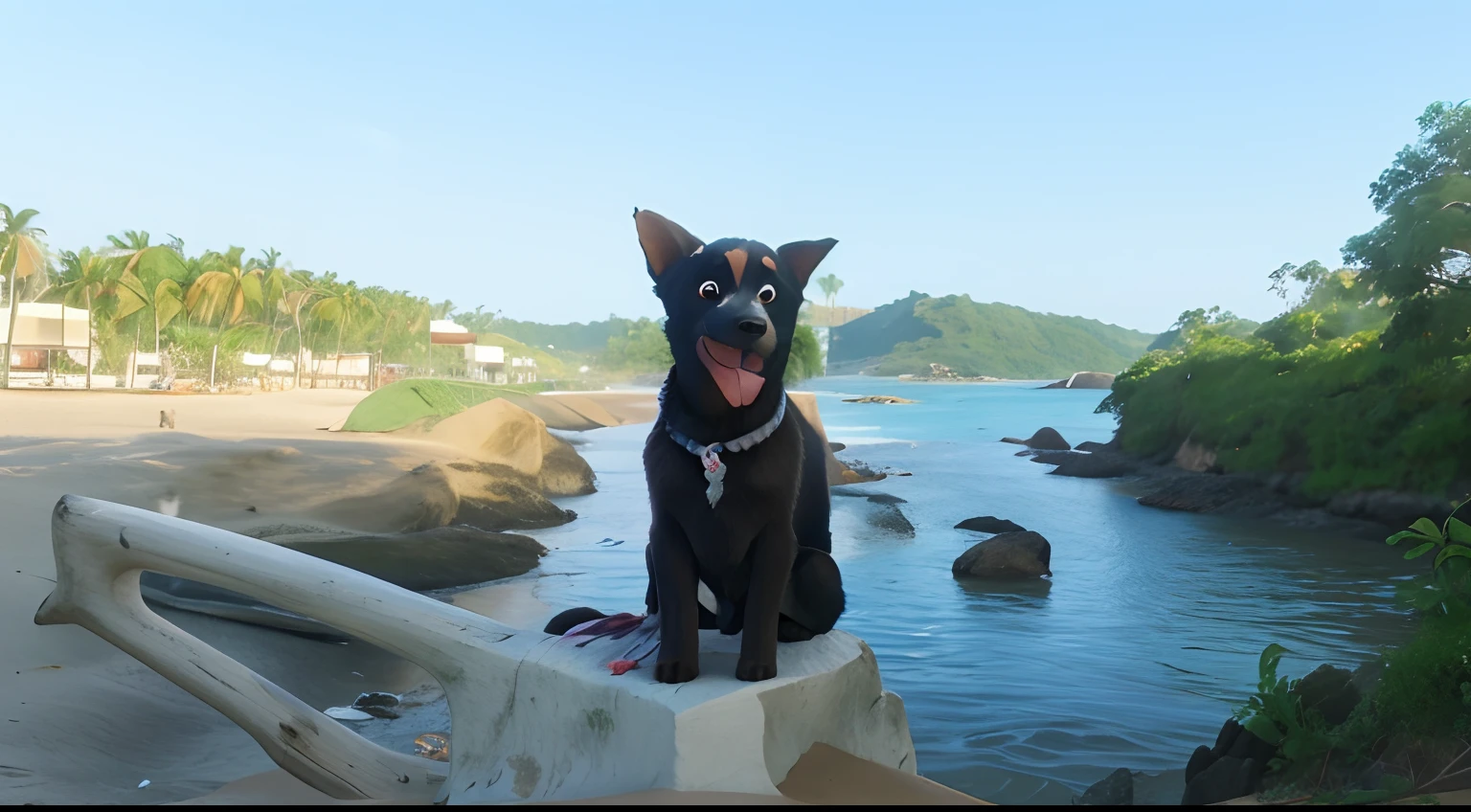 um cachorro com olhos azuis e marrom na praia