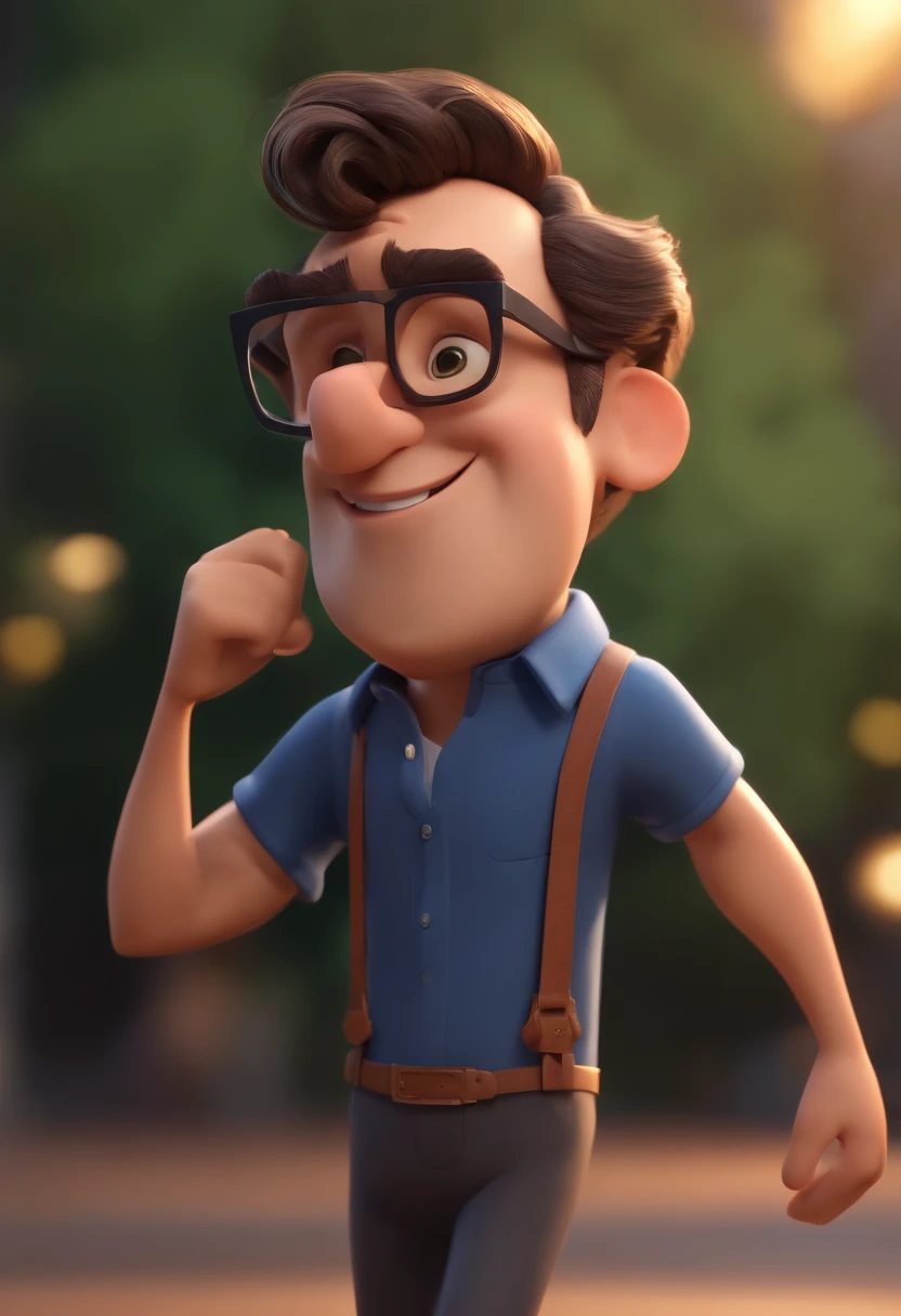 Cartoon character of a man wearing black glasses and a blue shirt, um personagem animado, Caractere estilizado, animation style rendering, 3D estilizado, Arnold Maya render, 3 d render stylized, toon render keyshot, Personagem 3D, Personagem 3D, 3d rendering stylized, 3 d character render, personagem de desenho animado, Personagem de close up, Pose de personagem, (Estilo Pixar) (master part:1.2) (Bokeh) (best quality) (pele detalhada) (textura detalhada) (8k) (argila) (Cinematic lighting) (foco nítido,Senta e vaza a parte superior do corpo