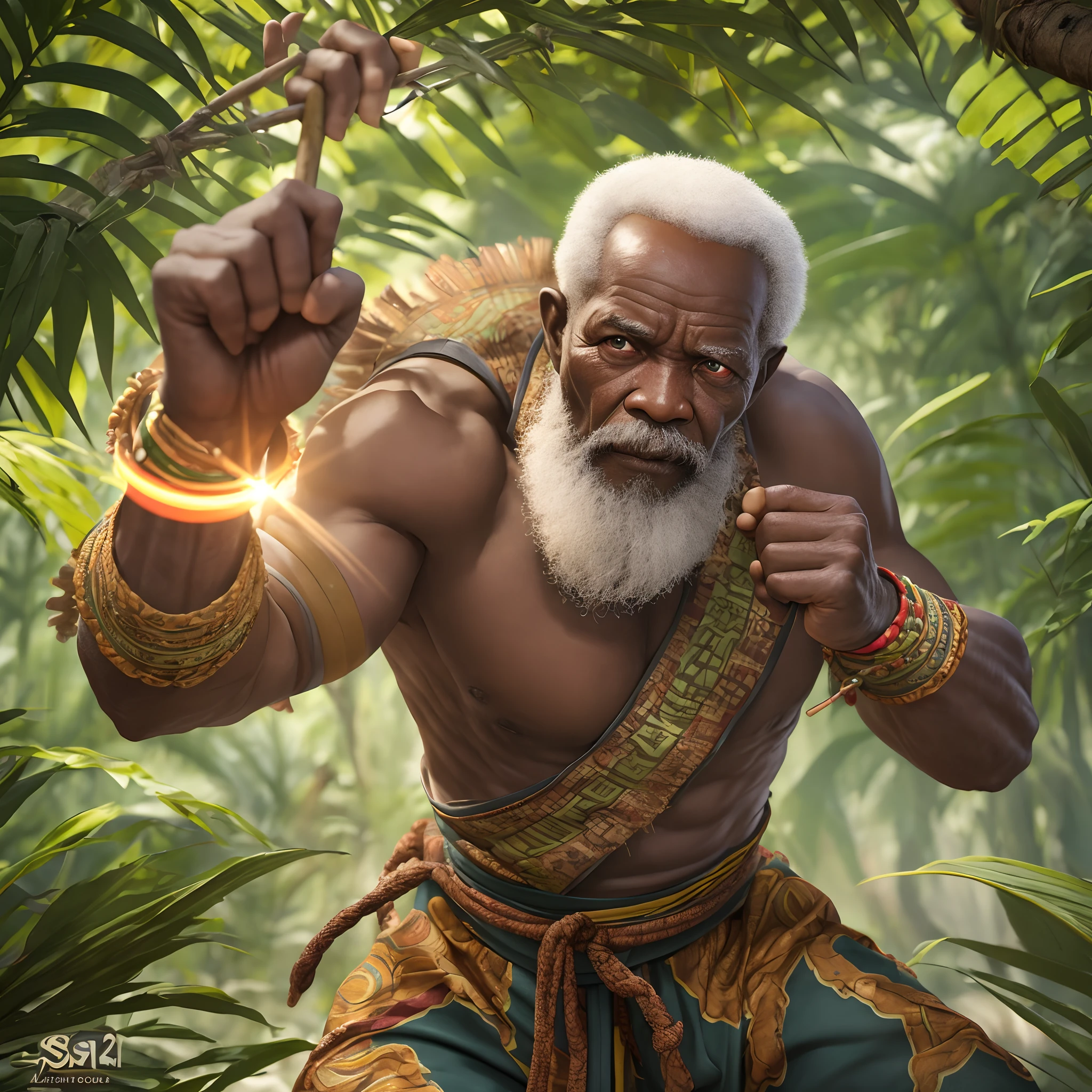 Wide angle shot of an African elderly man in kung-fu fighting pose, tough serious face with a long black beard, master of kung-fu dressed in African designed kung-fu clothes, holding a stick in a jungle, leaves in circular rotation around him,  sunrise in the scene shining, with beautiful iridescent light, artgerm style, 32k, ultra HD, unreal engine rendered, hyper-realistic image, octane 3d rendering, --auto --s2