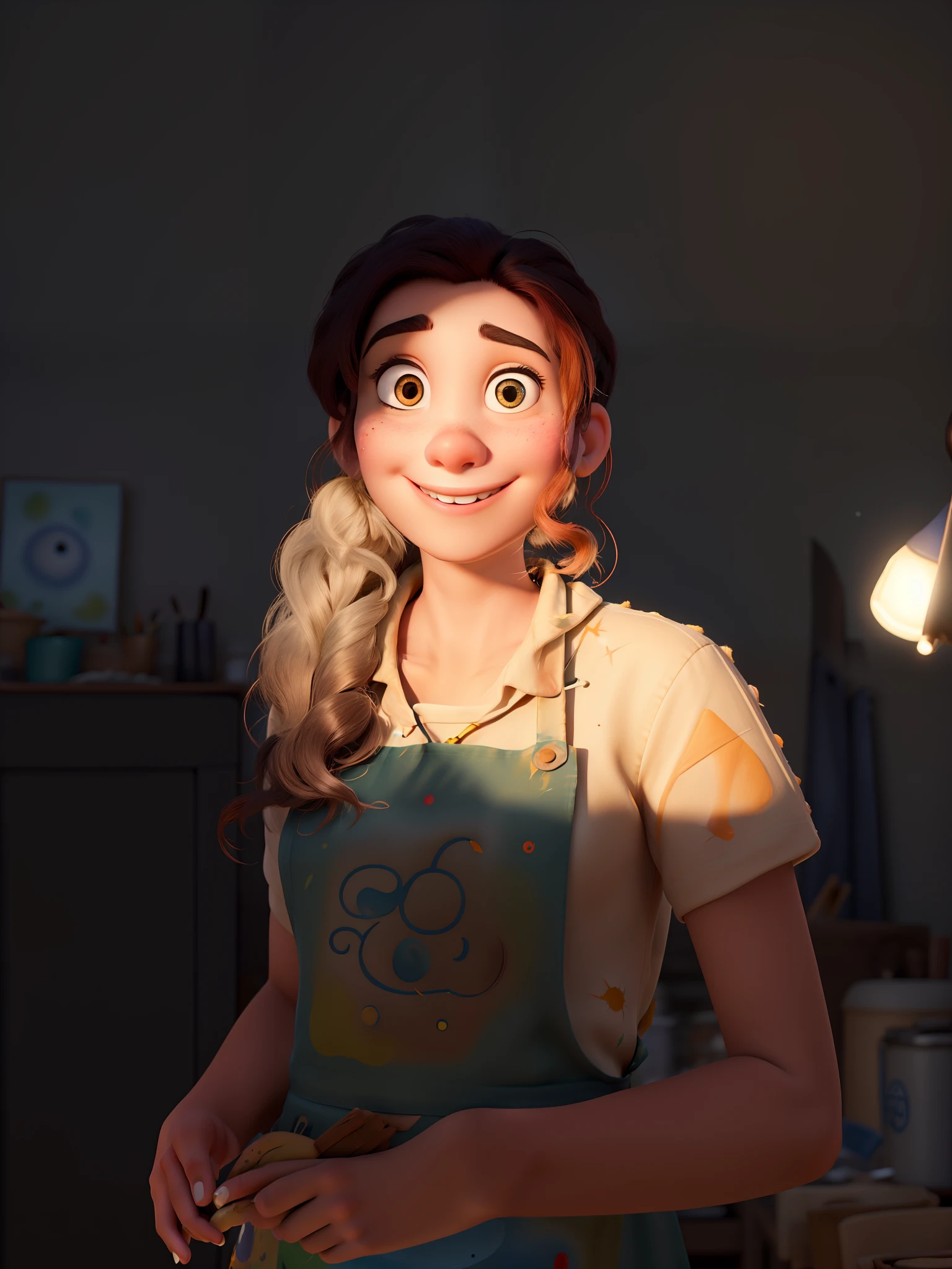 No estilo Disney pixar de melhor qualidade, alta qualidade, A young artist with brush and flare in her hand, Wearing a paint-stained apron standing in his art studio