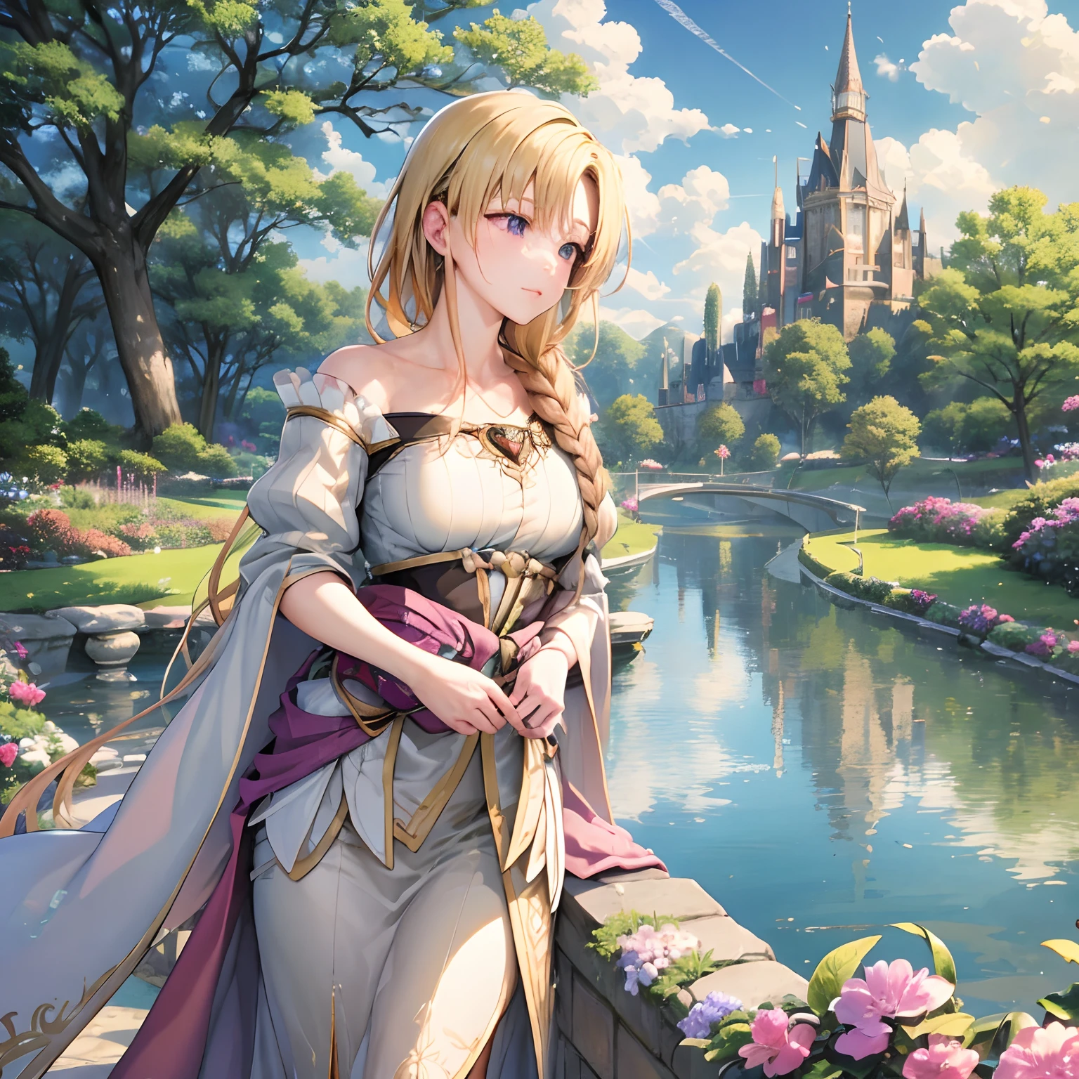 (best quality,highres:1.2),vivid colors,extremely detailed,sharp focus,physically-based rendering,studio lighting,portraits,landscape,realistic,photorealistic,hdr,ultra-fine painting,colorful:1.1,breath-taking,grand castle in the distance,beautifully illuminated,under a clear blue sky,peaceful atmosphere,lush greenery,tranquil setting,impressive architecture,well-maintained gardens,sparkling river flowing nearby,scenic landscape,warmed by the sun's gentle rays,serene and inviting ambiance,a hint of mystery and enchantment,every detail meticulously crafted,like a masterpiece on canvas,magnificent view of the kingdom,beauty that captivates the eye,tranquility that soothes the so