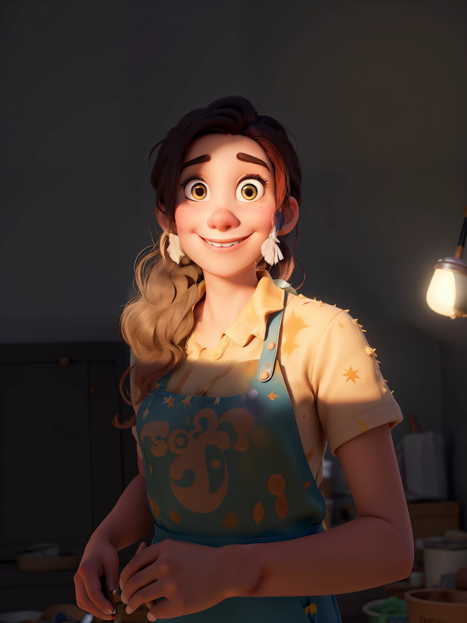 No estilo Disney pixar de melhor qualidade, alta qualidade, A young artist with brush and flare in her hand, Wearing a paint-stained apron standing in his art studio