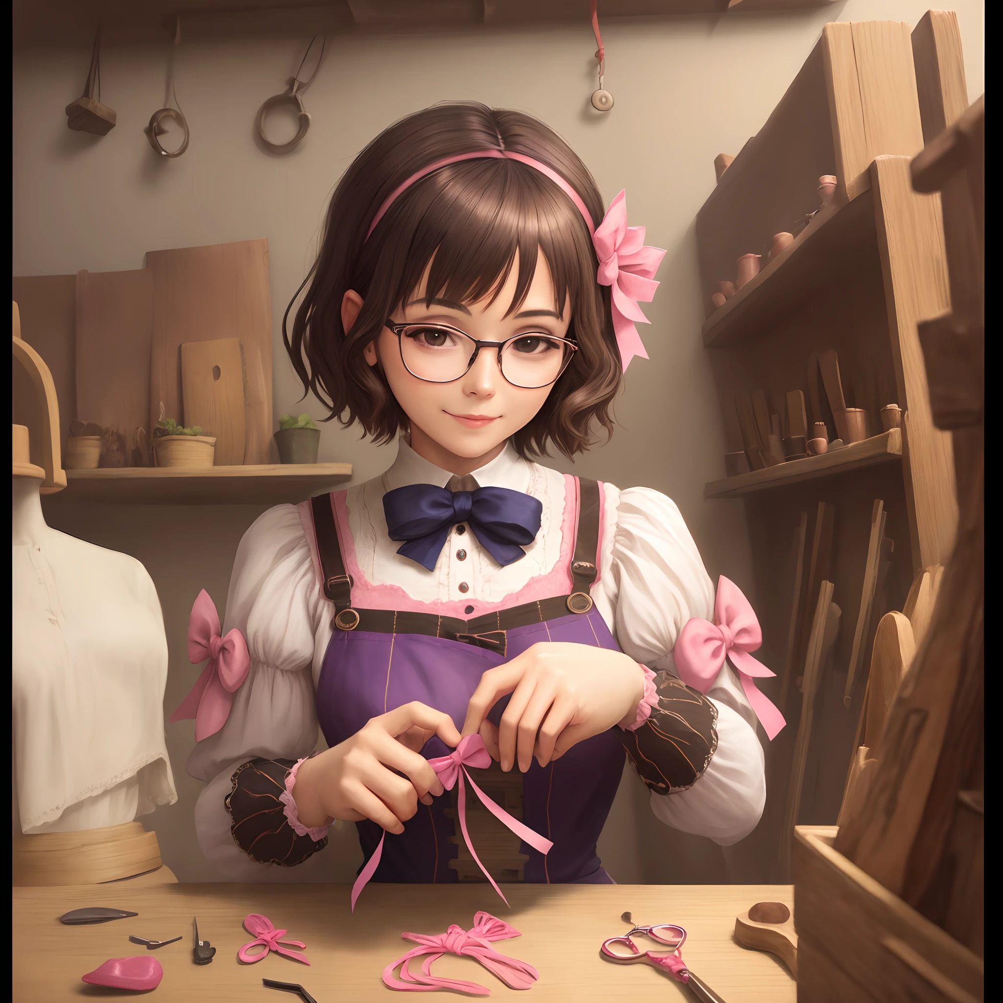 Woman with short hair and glasses, making bows in the Atelier , Nai's atelier written on a pink plaque