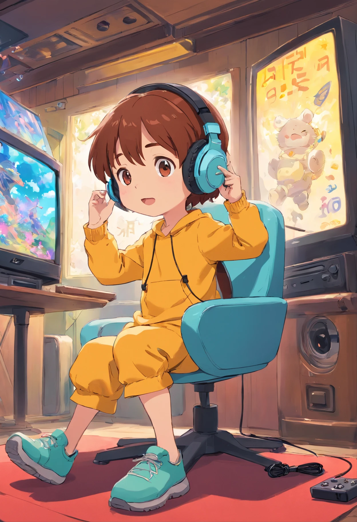 A is playing a game with headphones,Game console in hand,Keep your eyes on the console,floating in air,The background is a bright patch of color,Manhwa Style