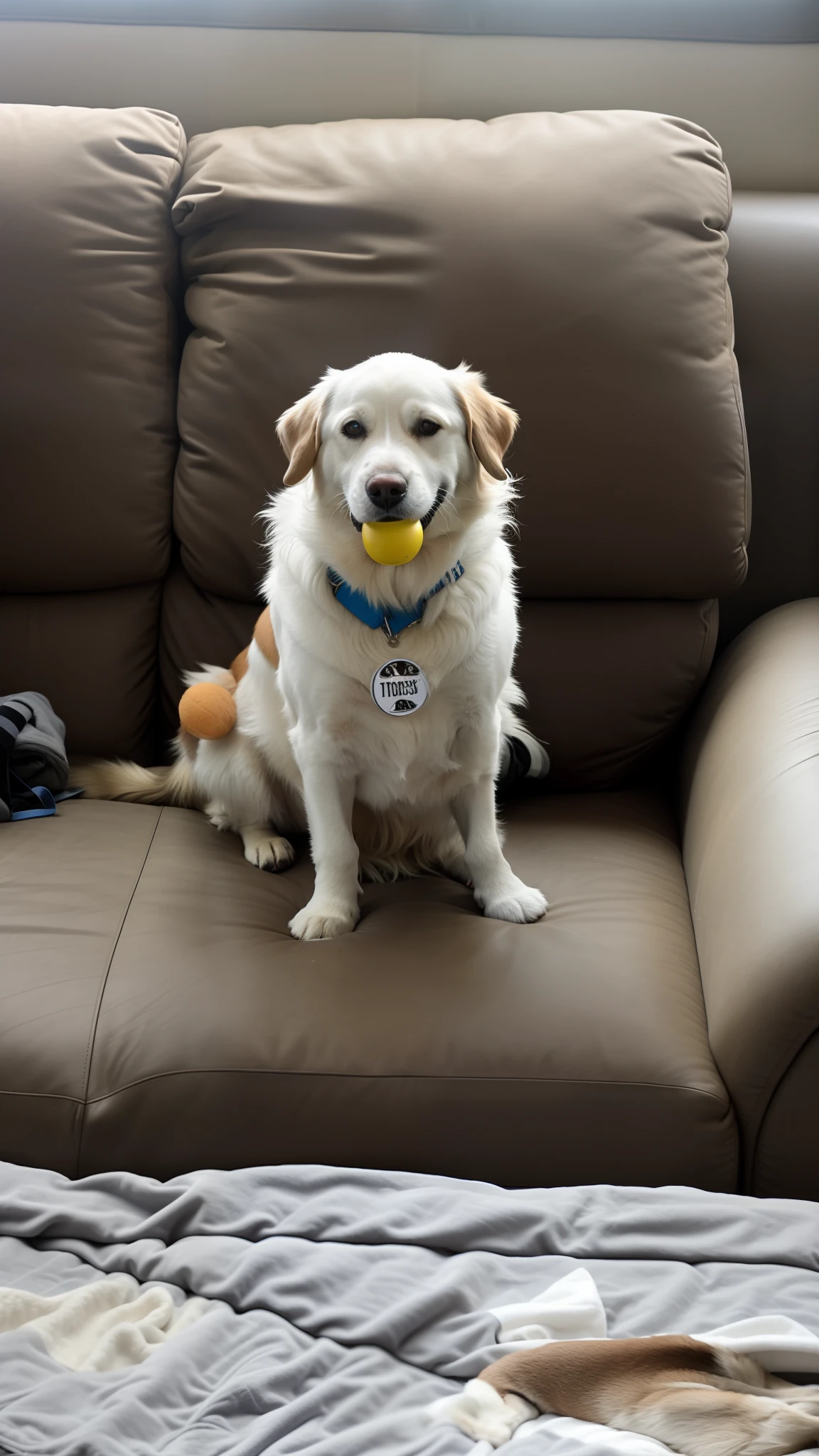 There's a dog sitting on a couch with a ball in his mouth and with a nameplate that says Tobias