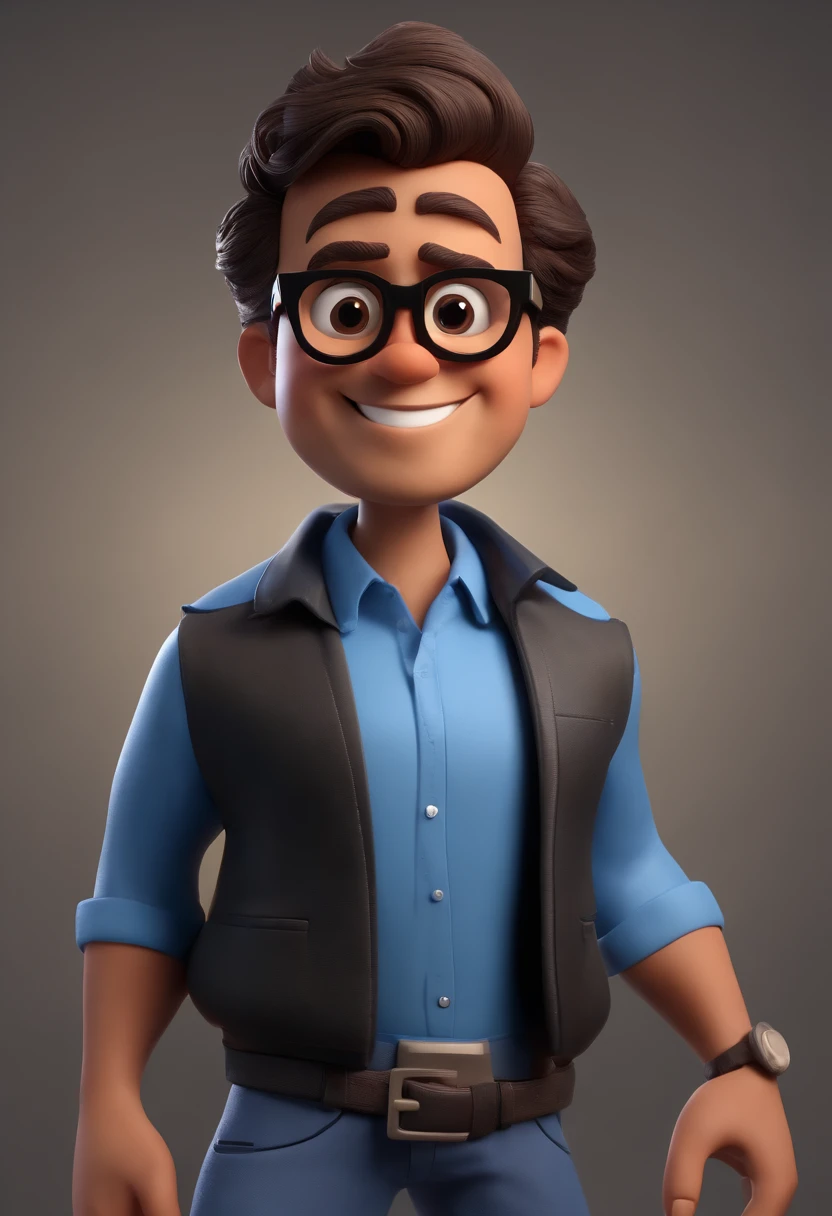 Cartoon character of a man wearing black glasses and a blue shirt, um personagem animado, Caractere estilizado, animation style rendering, 3D estilizado, Arnold Maya render, 3 d render stylized, toon render keyshot, Personagem 3D, Personagem 3D, 3d rendering stylized, 3 d character render, personagem de desenho animado, Personagem de close up, Pose de personagem, (Estilo Pixar) (master part:1.2) (Bokeh) (best quality) (pele detalhada) (textura detalhada) (8k) (argila) (Cinematic lighting) (foco nítido,Senta e vaza a parte superior do corpo
