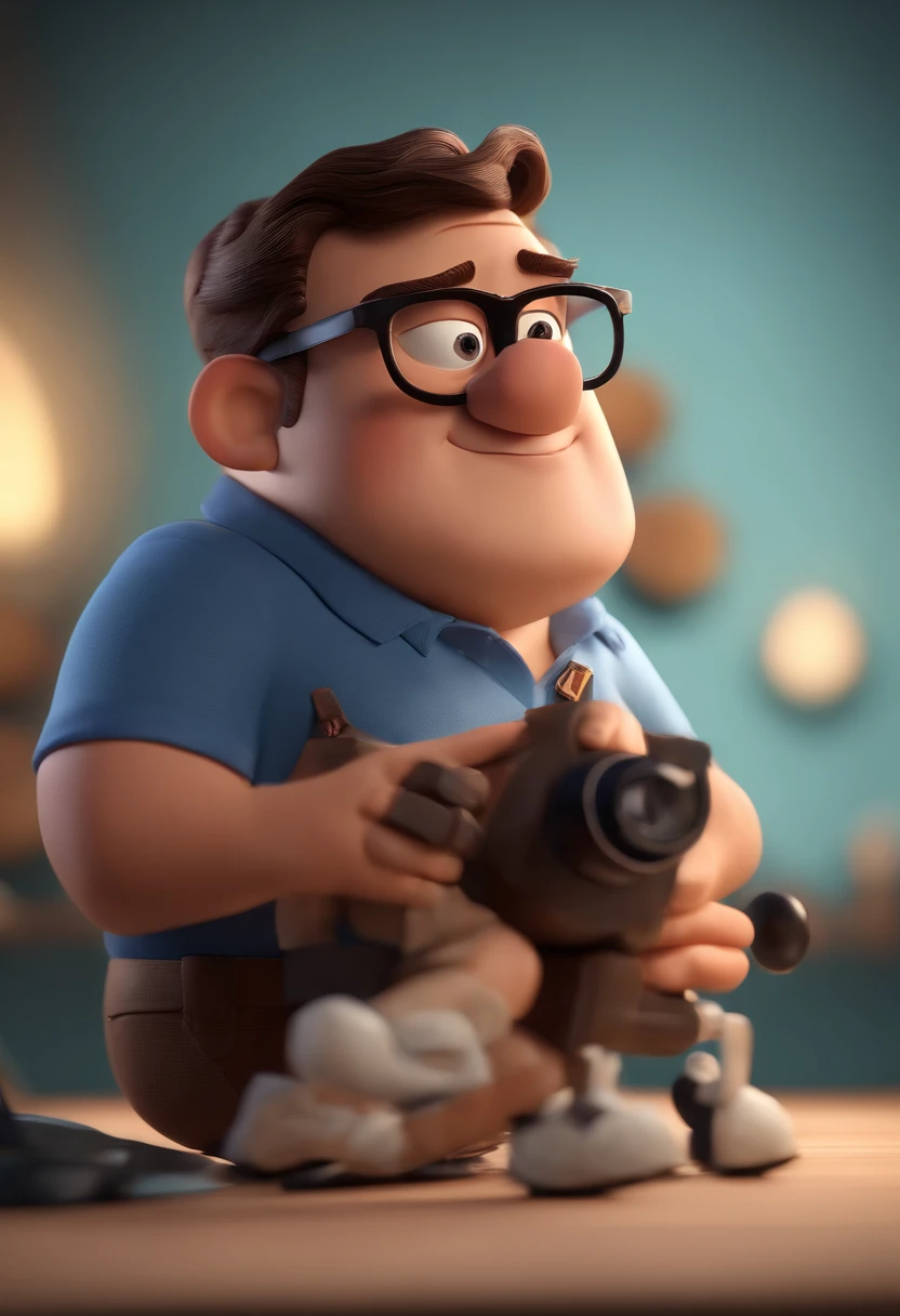 Cartoon character of a man wearing black glasses and a blue shirt, um personagem animado, Caractere estilizado, animation style rendering, 3D estilizado, Arnold Maya render, 3 d render stylized, toon render keyshot, Personagem 3D, Personagem 3D, 3d rendering stylized, 3 d character render, personagem de desenho animado, Personagem de close up, Pose de personagem, (Estilo Pixar) (master part:1.2) (Bokeh) (best quality) (pele detalhada) (textura detalhada) (8k) (argila) (Cinematic lighting) (foco nítido,Senta e vaza a parte superior do corpo