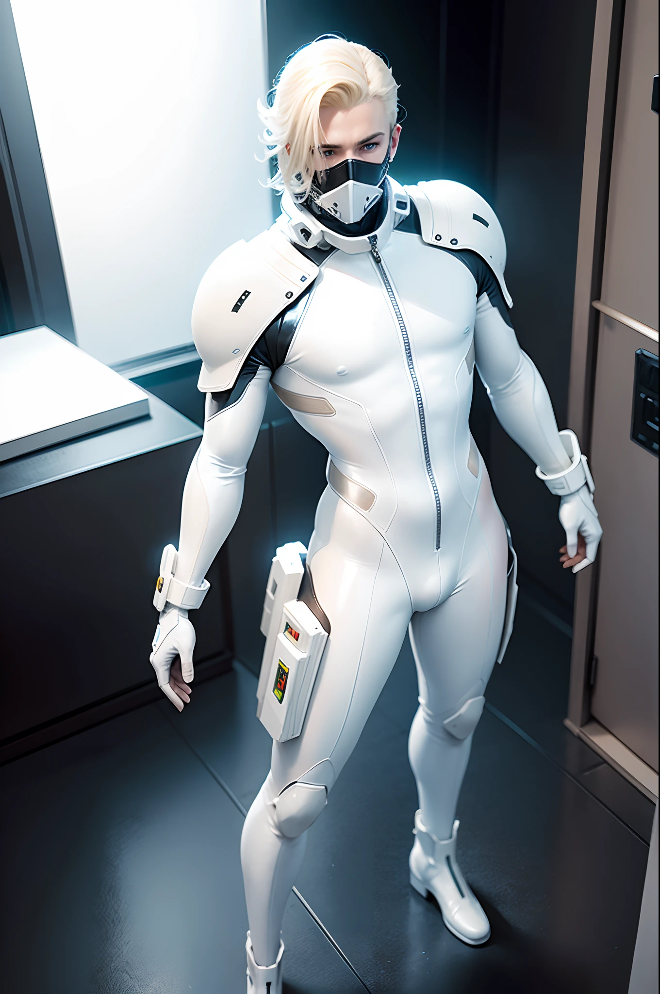 (sci fi)Male in all white latex body suit, blonde hair, hands visible, hair visible, pale skin, gloves, boots, mask