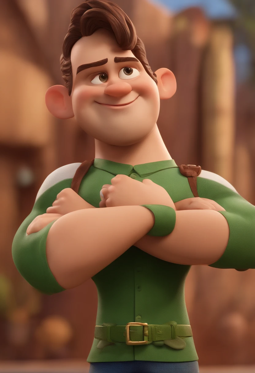 Personagem de desenho animado de um homem de camisa verde, um personagem animado, Caractere estilizado, animation style rendering, 3D estilizado, Arnold Maya render, 3 d render stylized, toon render keyshot, Personagem 3D, Personagem 3D, 3d rendering stylized, 3 d character render, personagem de desenho animado, Personagem de close up, Pose de personagem, (Estilo Pixar) (master part:1.2) (Bokeh) (best quality) (pele detalhada) (textura detalhada) (8k) (argila) (Cinematic lighting) (foco nítido,Senta e vaza a parte superior do corpo