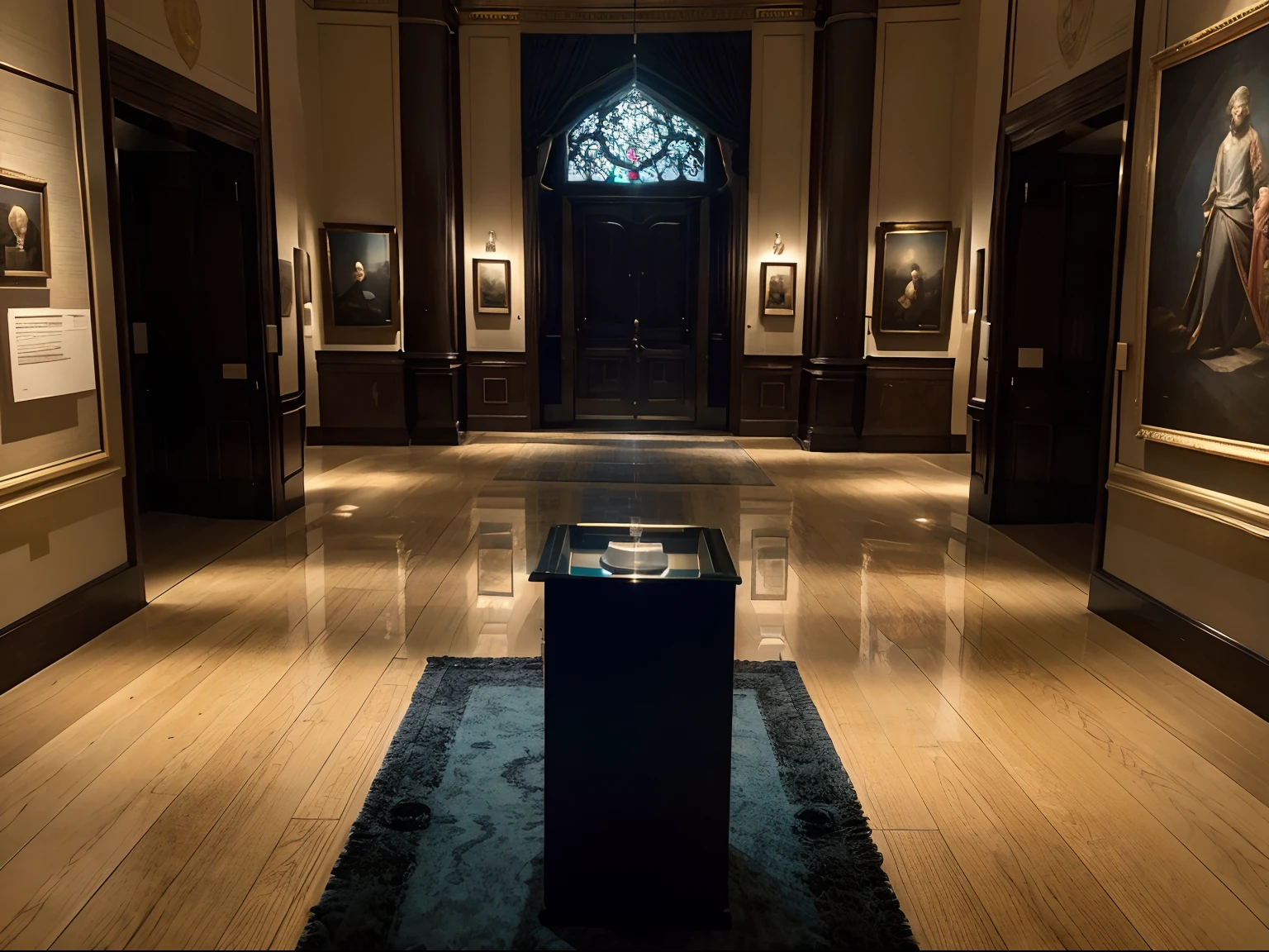 The background image portrays a nighttime scene inside a museum, with the dimly lit room illuminated by ambient light seeping in through large windows. In one corner of the room, there is a special display area with a protective glass casing lit by a soft, crimson spotlight. Within the glass casing lies the centerpiece of the exhibit, the "Crown Jewel," resting on a sturdy pedestal. The Crown Jewel emanates a deep, mesmerizing shade of oceanic blue, radiating an aura of mystique. In its brilliance, it hints at the enigmatic allure that has made it a legend. Behind the Crown Jewel, there is a magnificent painting of the city of London, featuring iconic landmarks such as the Westminster Bridge and the meandering River Thames. The painting adds to the allure of the jewel, as it ties it to the rich history and culture of the city. On the left side of the room, a group of individuals is caught in a suspenseful moment, navigating through the museum's elaborate security system, dressed entirely in black attire, equipped with tools and gadgets fit for a high-stakes heist. This image description captures the atmosphere of tension, mystery, and drama, encapsulating the perfection and value of the Crown Jewel while hinting at the danger and excitement faced by the daring thieves in their captivating journey to seize the gem.